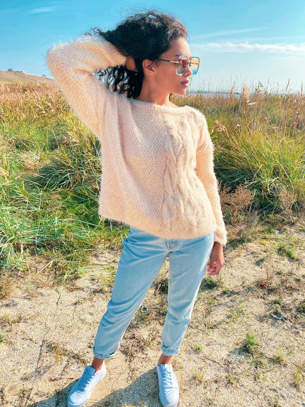Soft fluffy hand knit oversized sweater for women Eco body friendly Chunky knit Pastel Beige pullover Long sleeve pastel jumper Sustainable