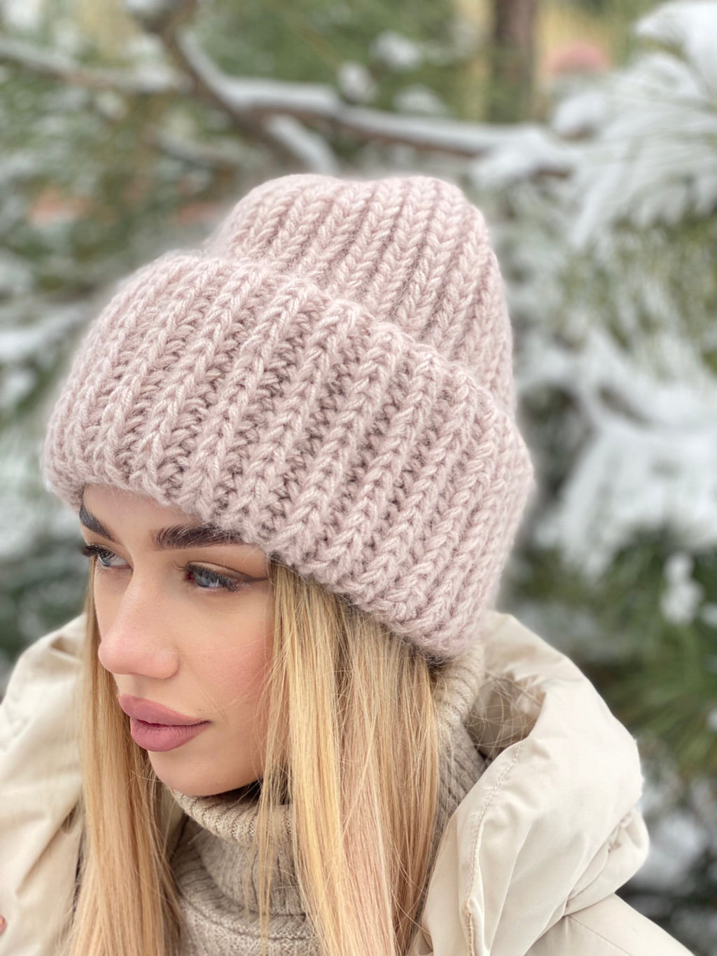 Beige wool mohair hat Bulky fluffy winter beanie Beige winter hat Big crown Gift for her Winter accessories