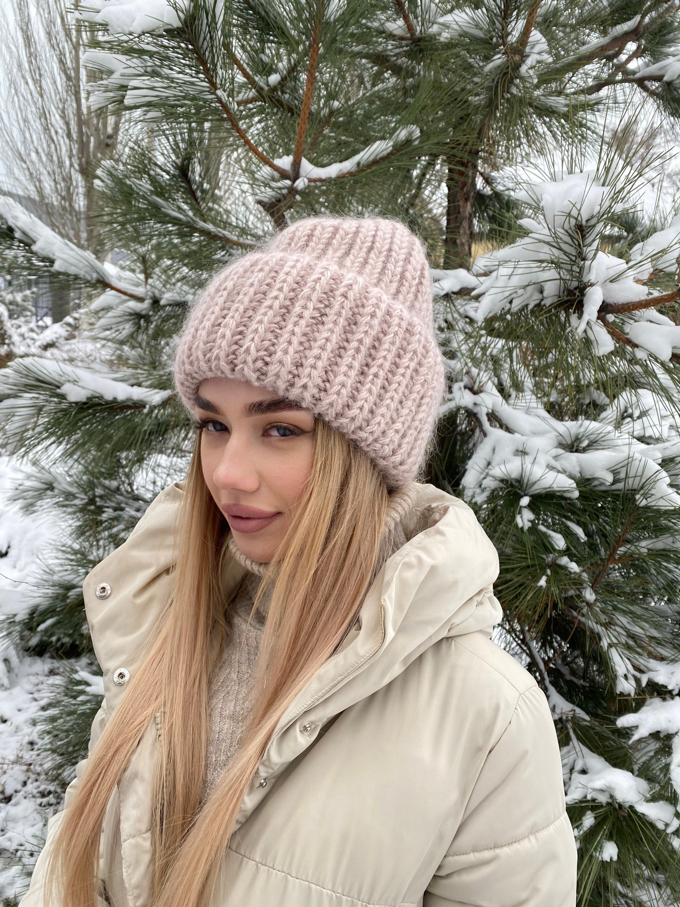 Beige wool mohair hat Bulky fluffy winter beanie Beige winter hat Big crown Gift for her Winter accessories