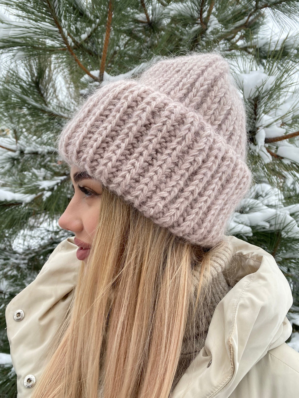 Beige wool mohair hat Bulky fluffy winter beanie Beige winter hat Big crown Gift for her Winter accessories