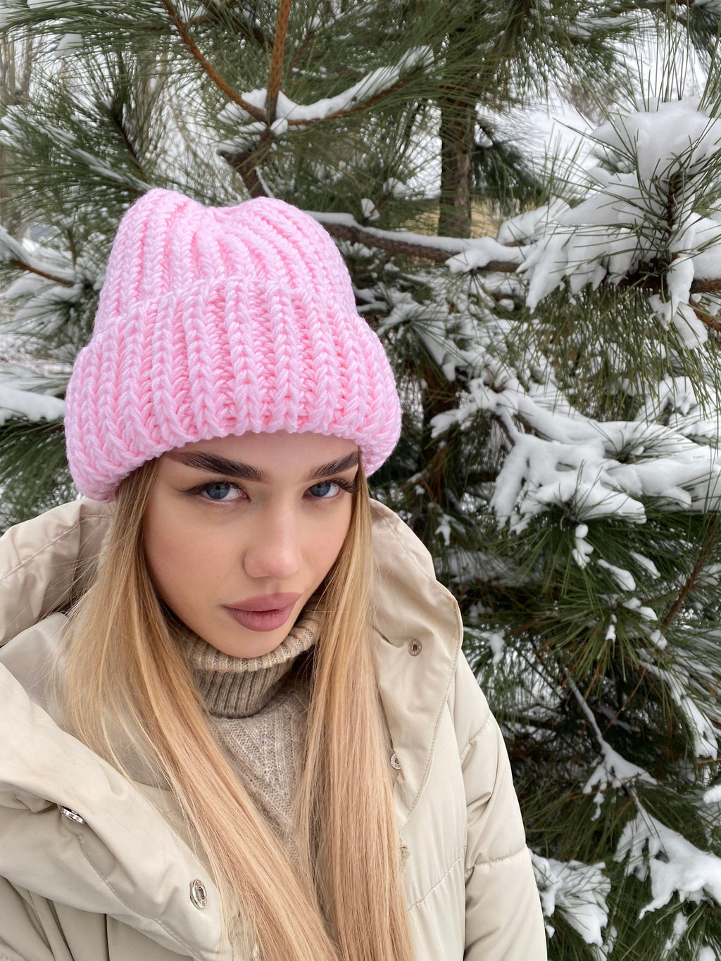 SOFT pink knitted winter hat women Polyacrylic beanie lapel winter hat Bulky hat chunky knit winter accessories Gift for her