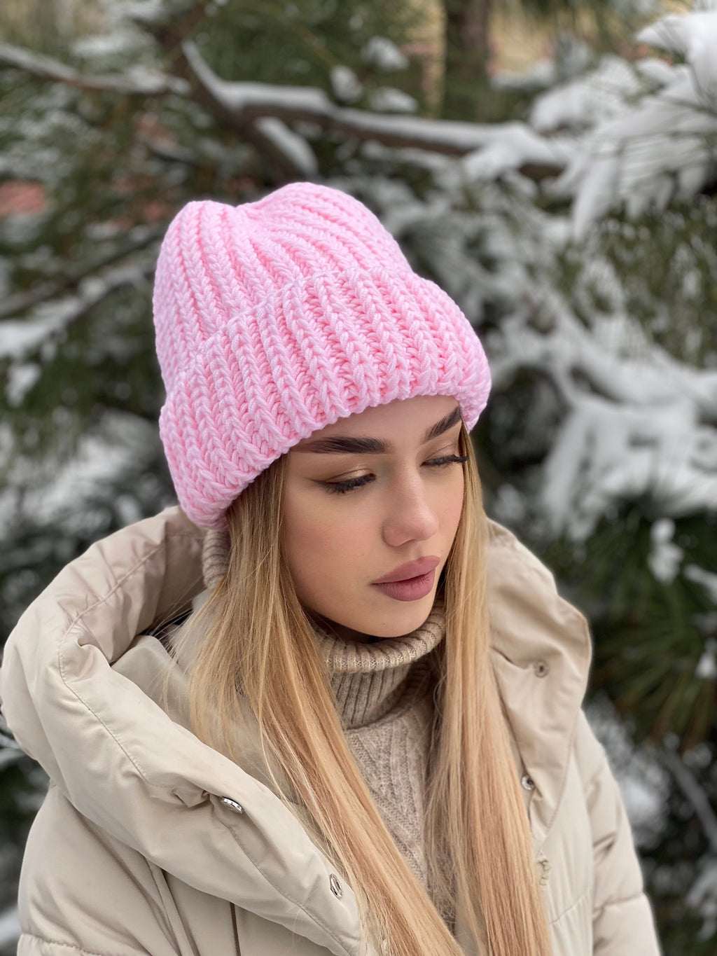SOFT pink knitted winter hat women Polyacrylic beanie lapel winter hat Bulky hat chunky knit winter accessories Gift for her