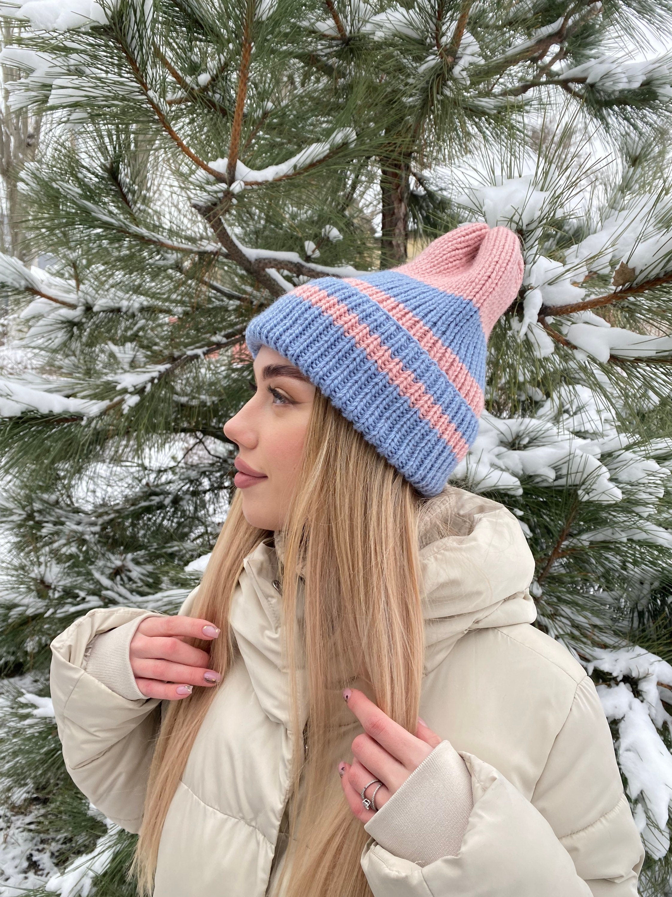Hand knit beanie pink blue wool hat women Knitted winter hat strip high crown pink Knitted blue beanie woman Gift for her
