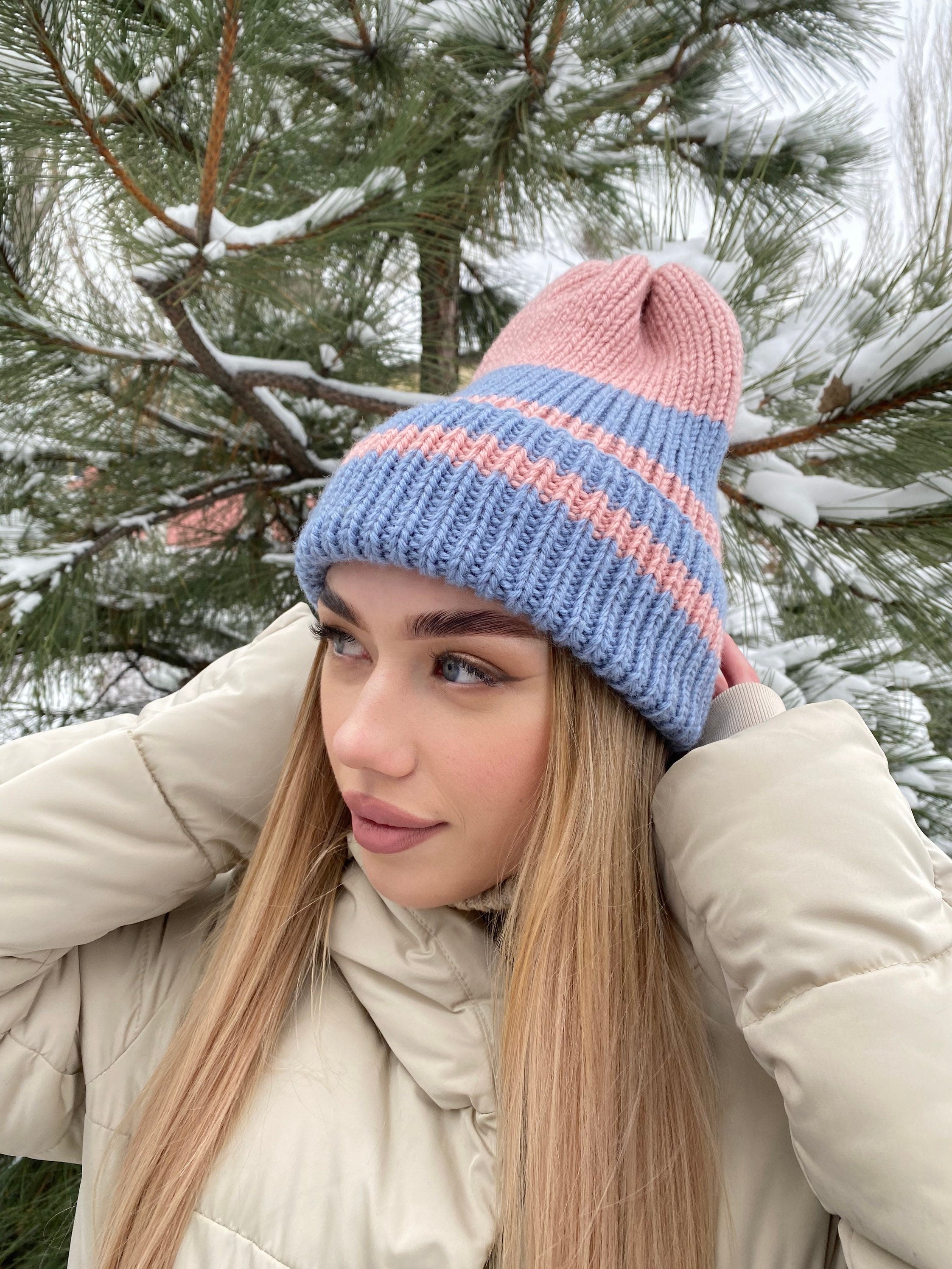 Hand knit beanie pink blue wool hat women Knitted winter hat strip high crown pink Knitted blue beanie woman Gift for her