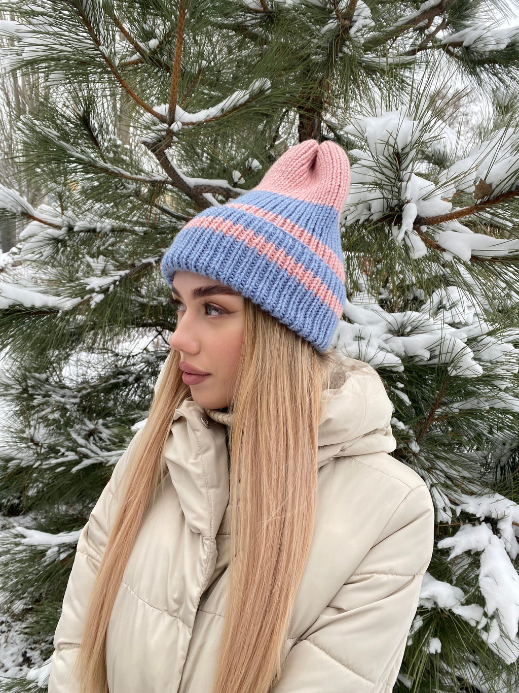 Hand knit beanie pink blue wool hat women Knitted winter hat strip high crown pink Knitted blue beanie woman Gift for her