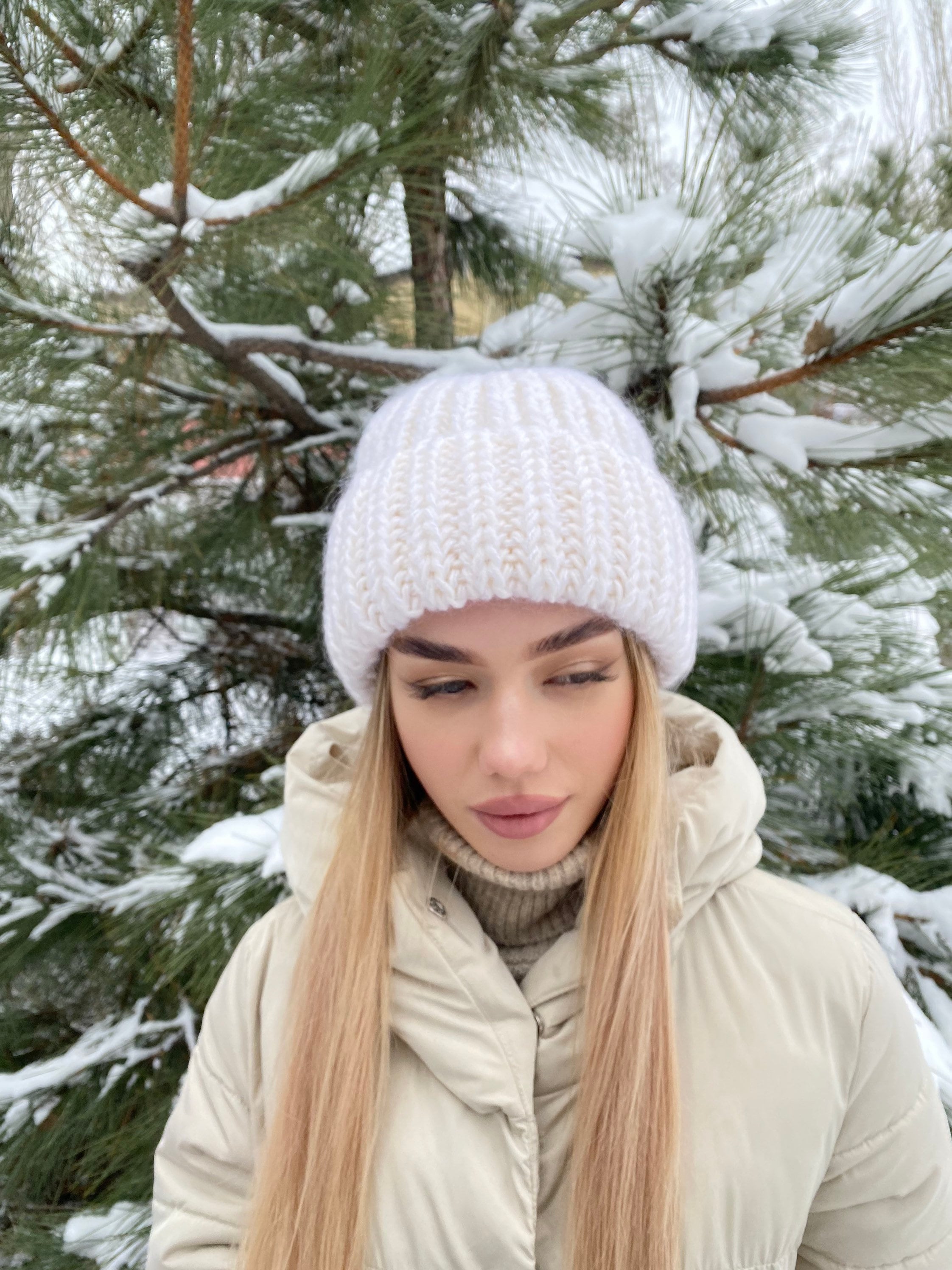 White mohair wool chunky knit hat women Hand knitted volume beanie hat Winter fluffy white hat Women's accessories lapel hat Gift for her
