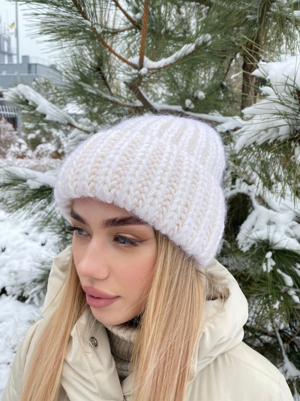 White mohair wool chunky knit hat women Hand knitted volume beanie hat Winter fluffy white hat Women's accessories lapel hat Gift for her