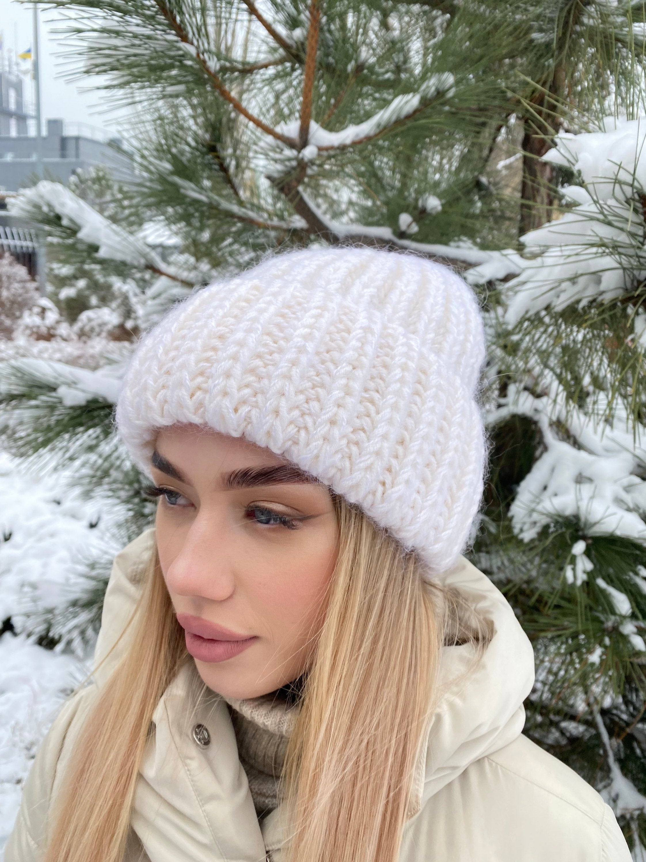 White mohair wool chunky knit hat women Hand knitted volume beanie hat Winter fluffy white hat Women's accessories lapel hat Gift for her