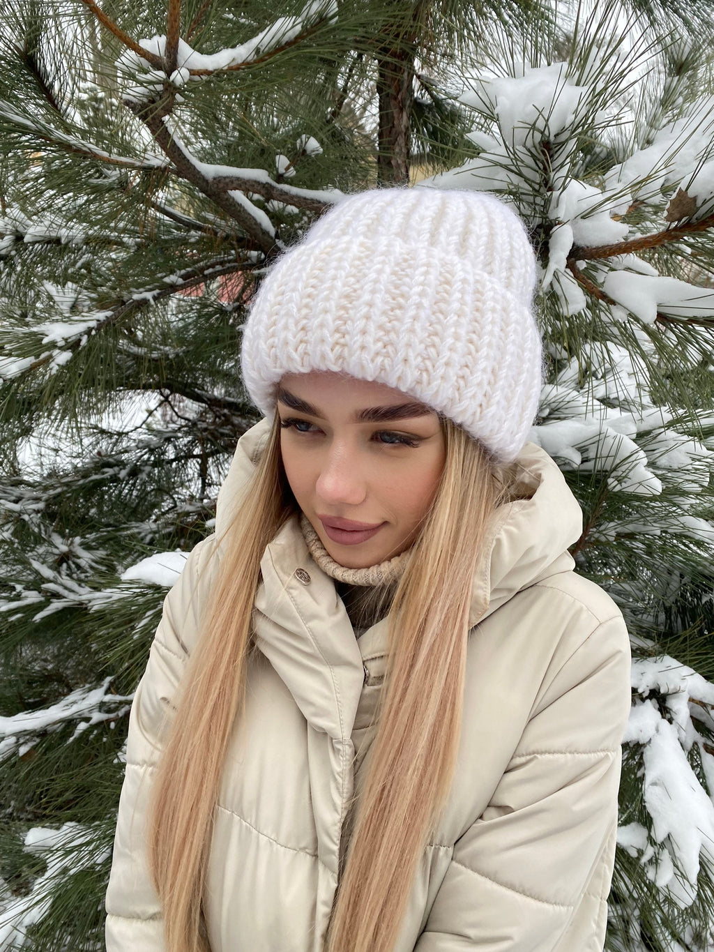 White Mohair wool chunky knit hat women Hand knitted volume beanie hat Winter fluffy white hat Women's accessories lapel hat Gift for her