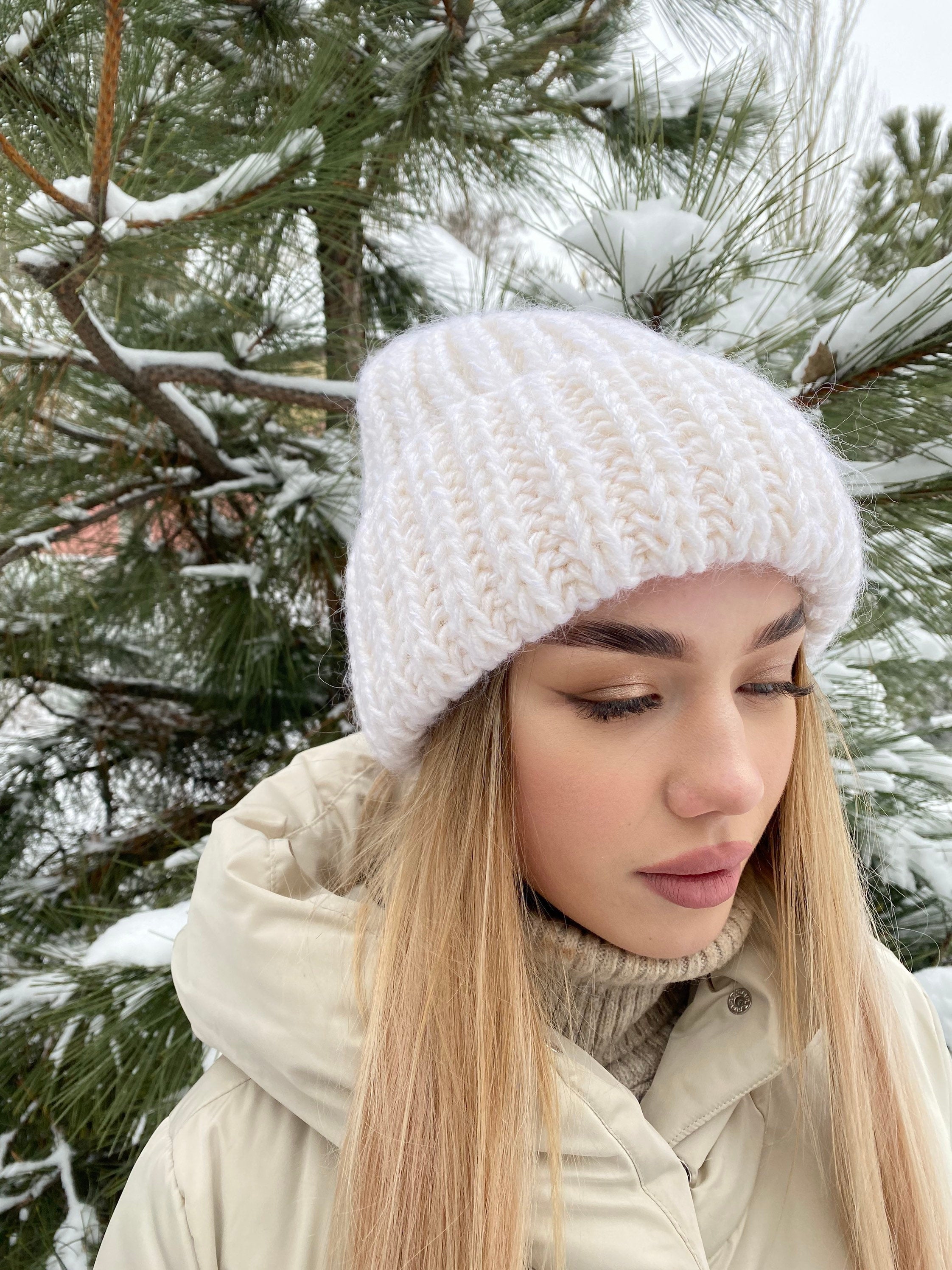 White mohair wool chunky knit hat women Hand knitted volume beanie hat Winter fluffy white hat Women's accessories lapel hat Gift for her