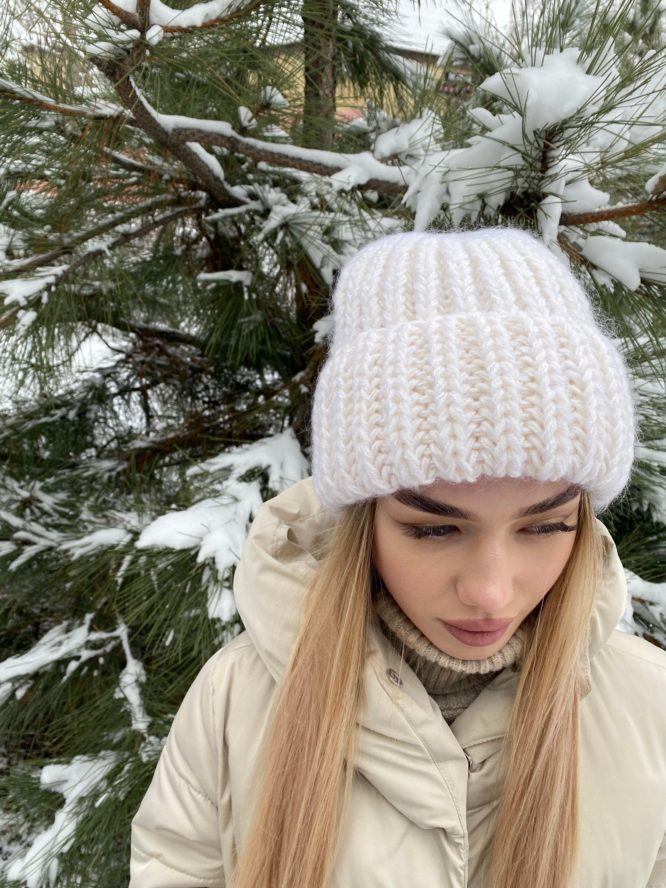 White mohair wool chunky knit hat women Hand knitted volume beanie hat Winter fluffy white hat Women's accessories lapel hat Gift for her