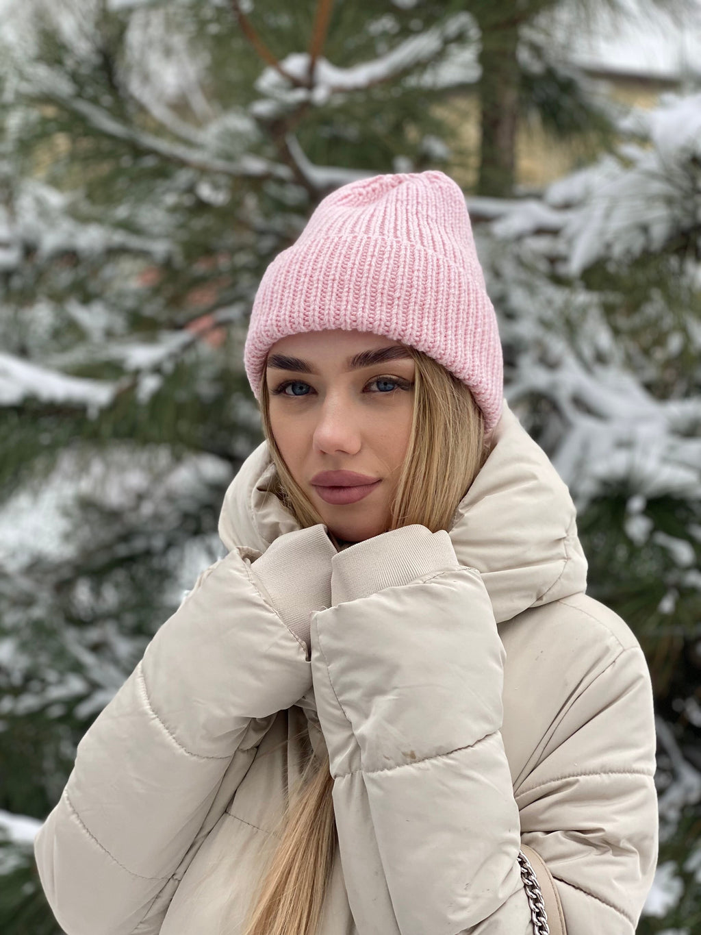 Pink Knitted Beanie Hat Women Pastel Wool Hat Winter Beanie Hat Winter headdress large knit cap with lapel high top Gift for friend