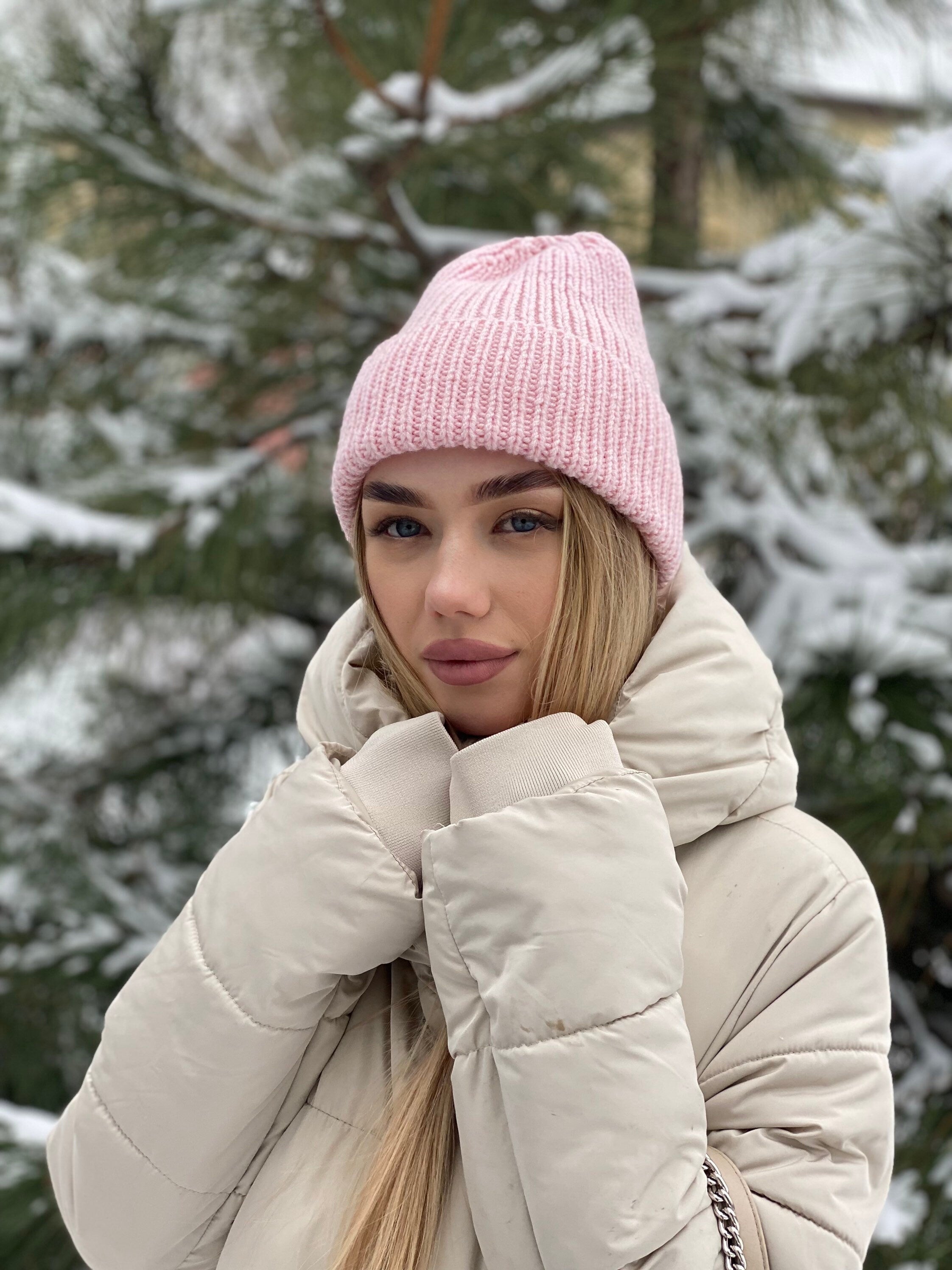 Pink Knitted Beanie Hat Women Pastel Wool Hat Winter Beanie Hat Winter headdress large knit cap with lapel high top Gift for friend