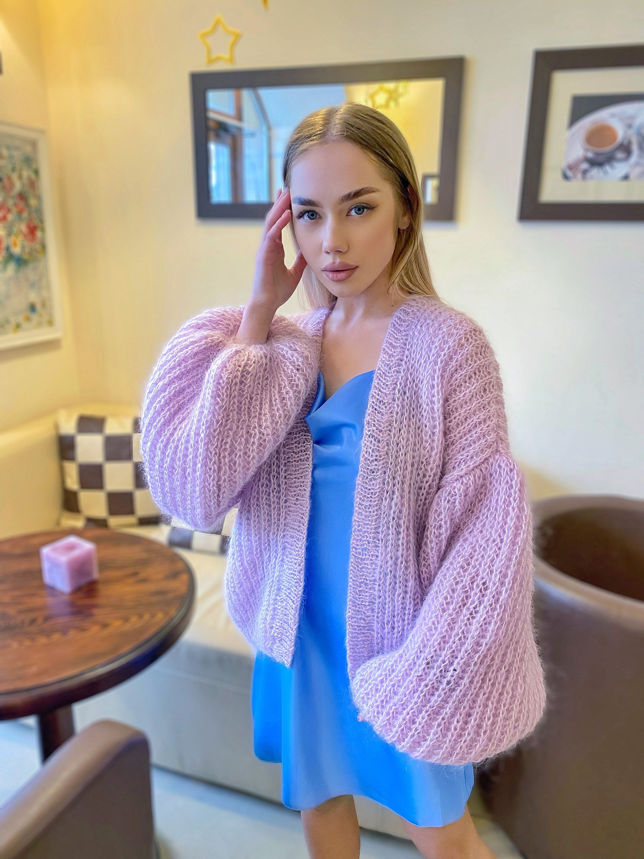 Wedding bolero Mohair cardigan Wedding Cardigan Wool fluffy cape Bridal jackets hawl Knitted jacket Lilac mohair cable knit sweater