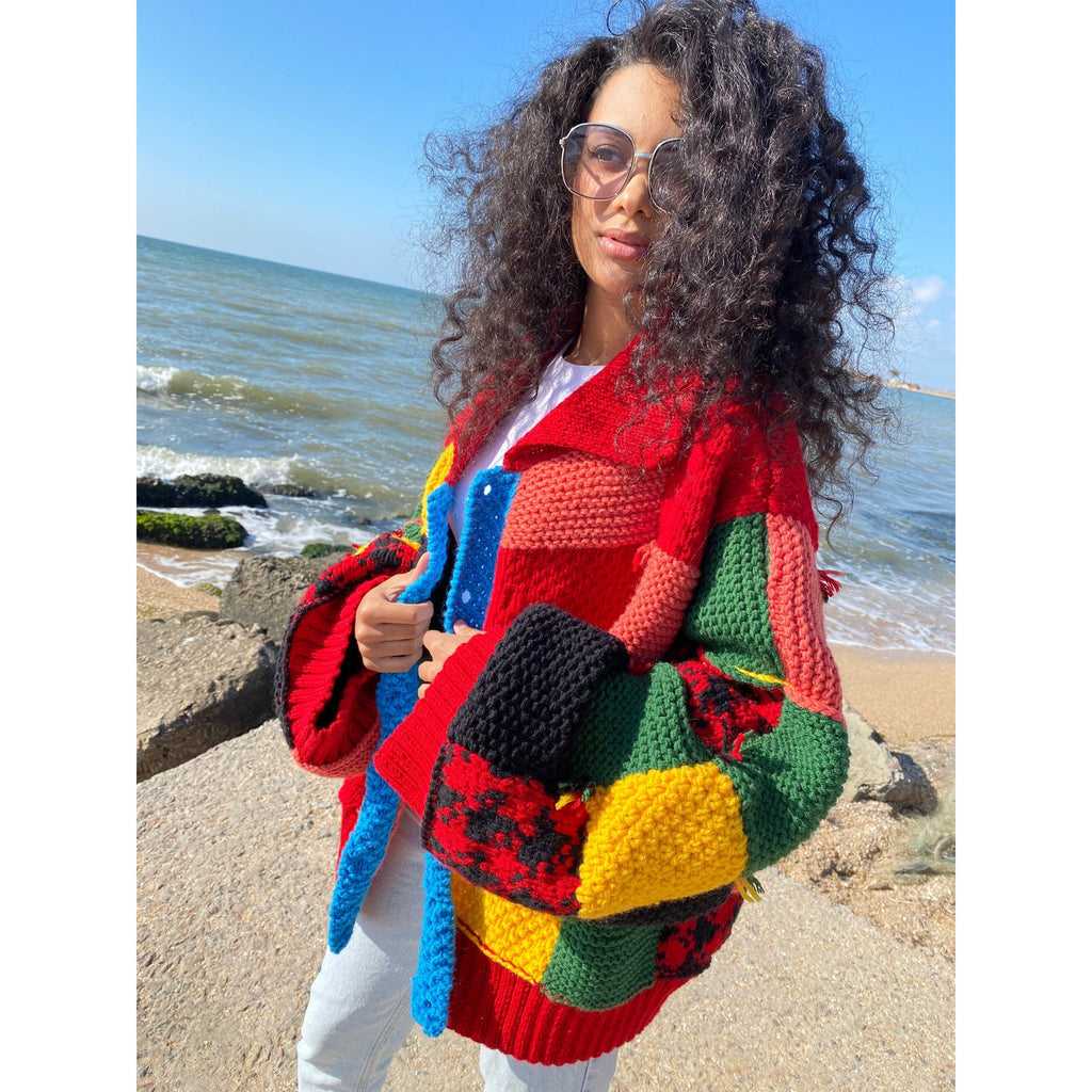 Hand knit merino wool red green yellow patchwork sweater Harry St /JW Anderson Inspired unisex cardigan Chunky knit colourblock plus size