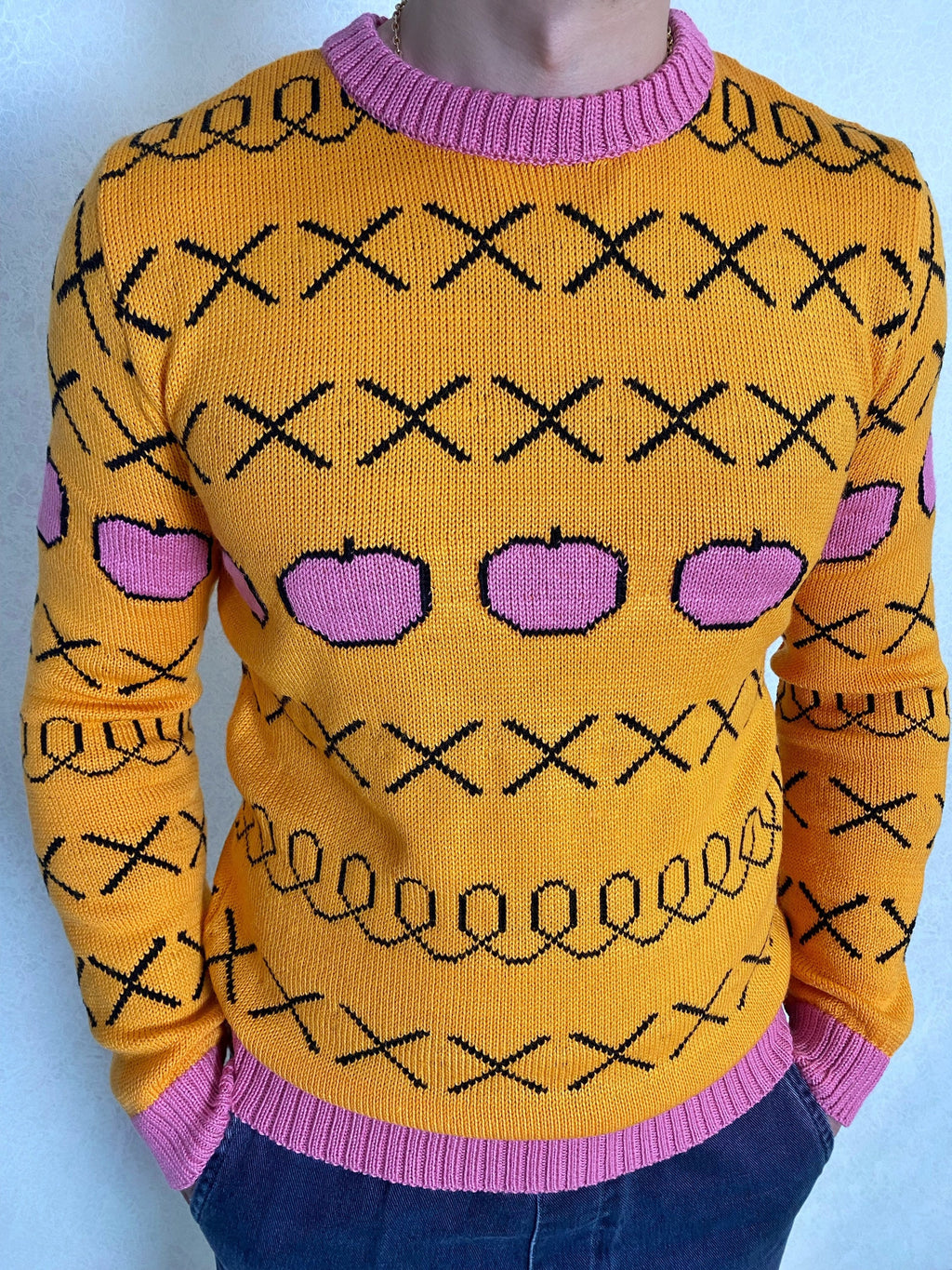 Hand knit yellow sweater Yellow pink orange X knit apples pullover Men’s knitted sweater Pink apples