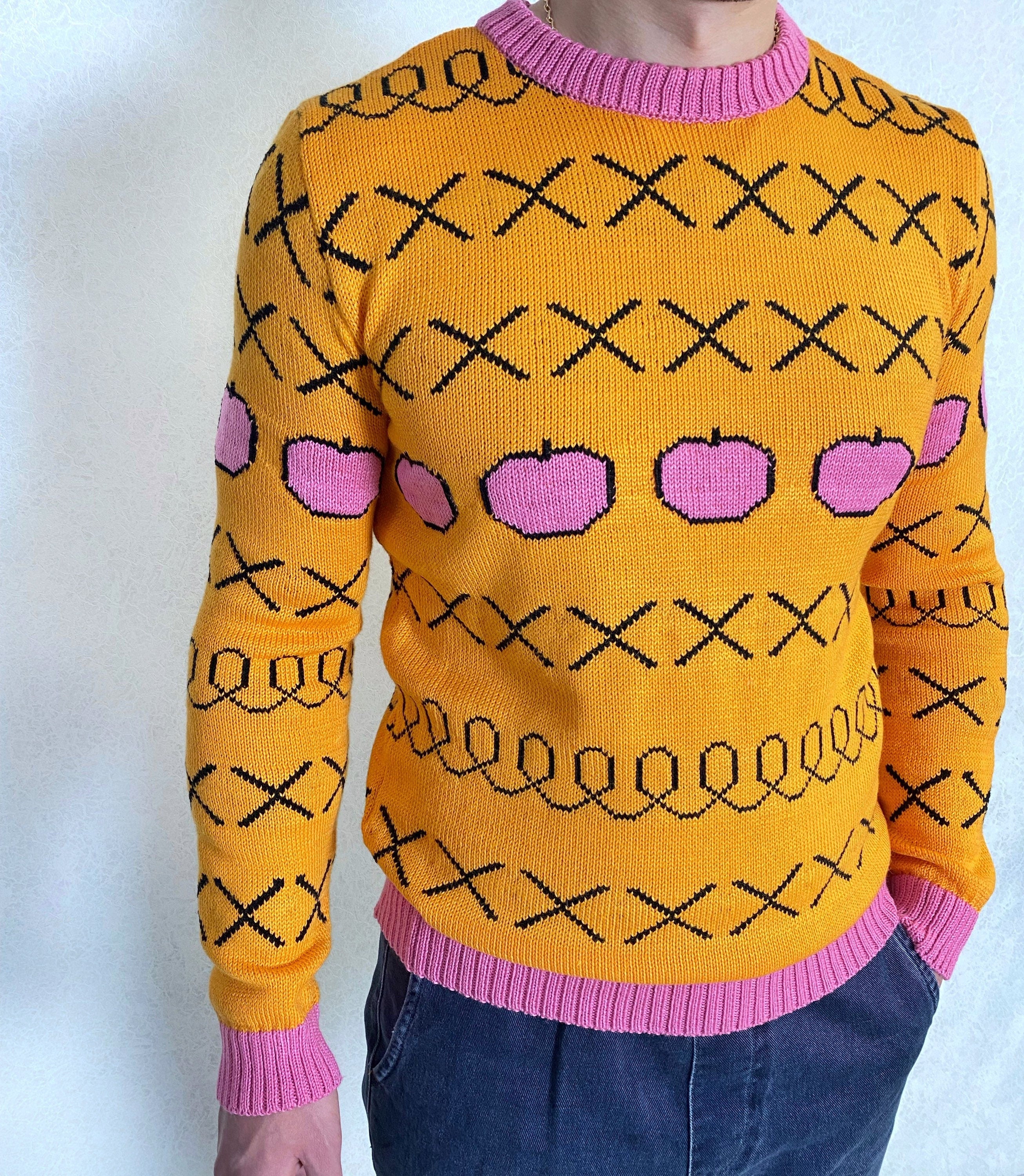 Hand knit yellow sweater Yellow pink orange X knit apples pullover Men’s knitted sweater Pink apples