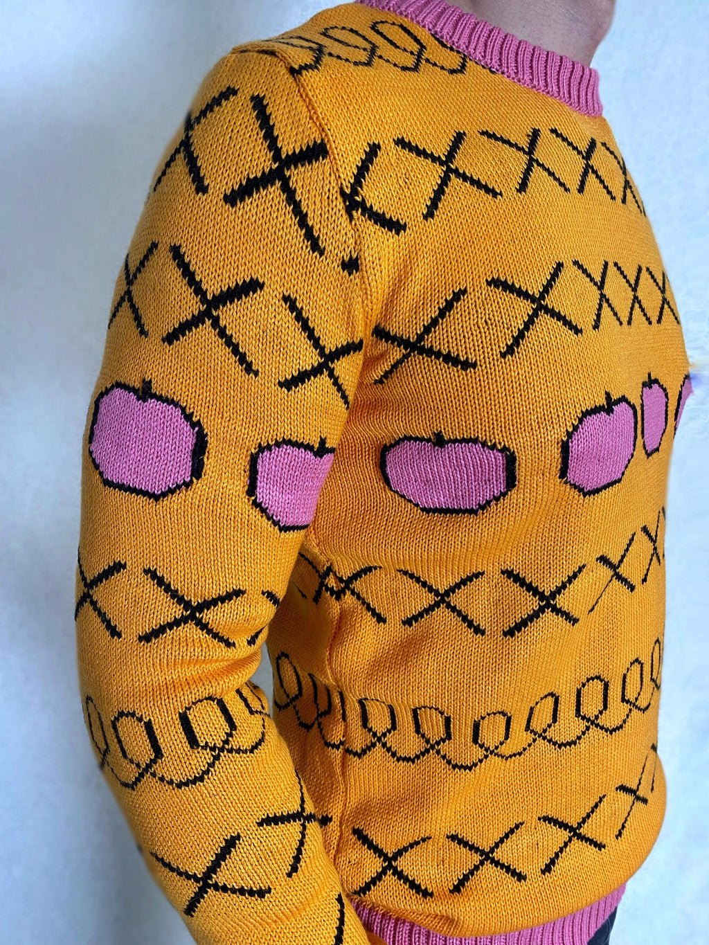 Hand knit yellow sweater Yellow pink orange X knit apples pullover Men’s knitted sweater Pink apples