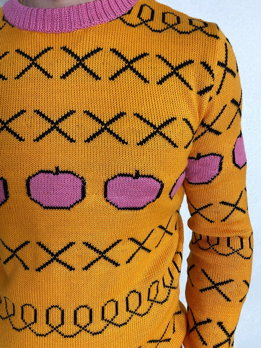 Hand knit yellow sweater Yellow pink orange X knit apples pullover Men’s knitted sweater Pink apples