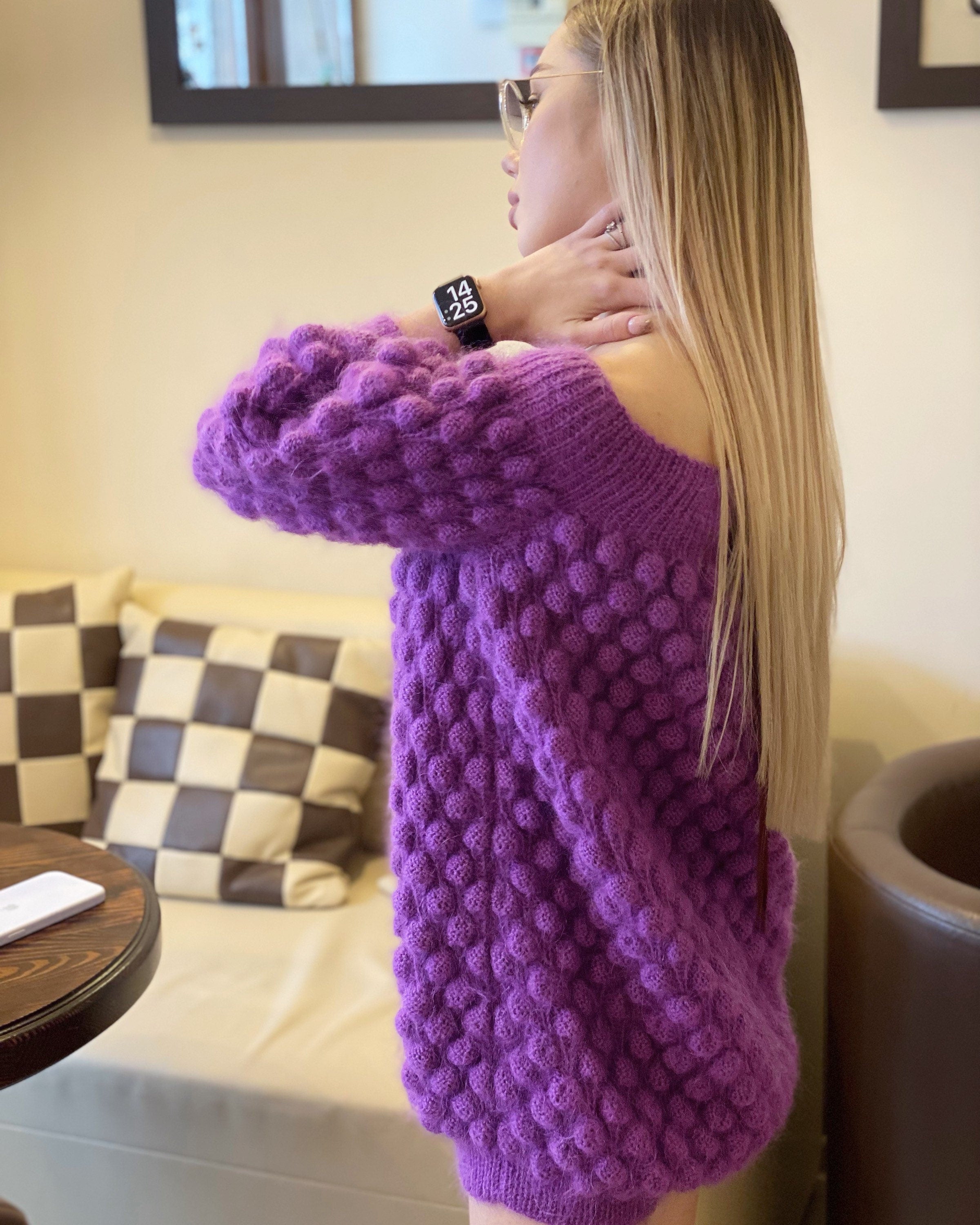 Violet mohair fluffy sweater women Mohair sweater Purple sweater Chunky sweater dress Lilac knit dress Mohaire dress cable knit sweater vest