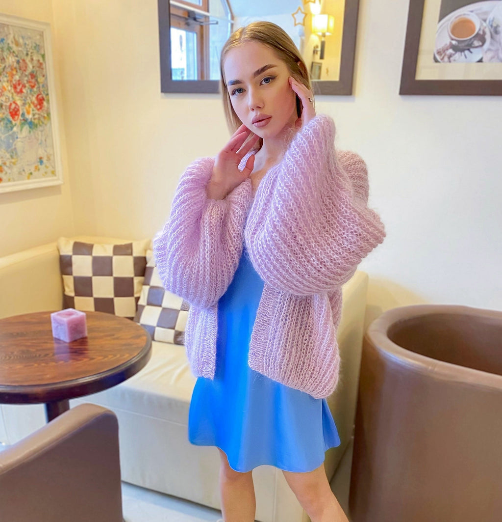 Wedding bolero Mohair cardigan Wedding Cardigan Wool fluffy cape Bridal jackets hawl Knitted jacket Lilac mohair cable knit sweater