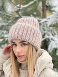 Beige wool mohair hat Bulky fluffy winter beanie Beige winter hat Big crown Gift for her Winter accessories