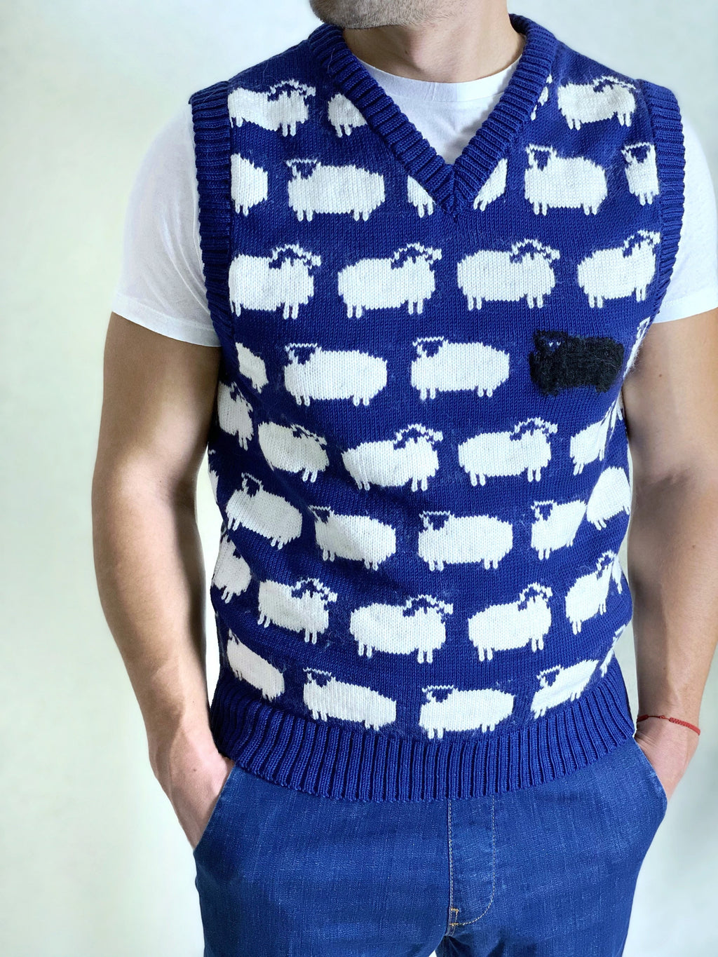 White sheep merino hand knit sweater vest cable womens mens unisex/ blue vest white sheep/merino wool and kid mohair