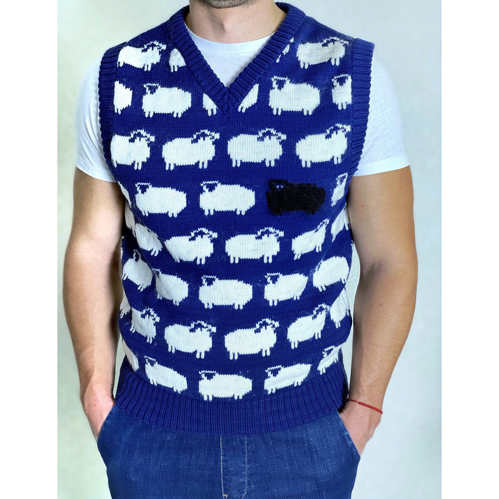 Blue knitted vest white black sheep for men Knit merino cable knit sweater vest white sheep Sleeveless jacket men’s wool Gift for him