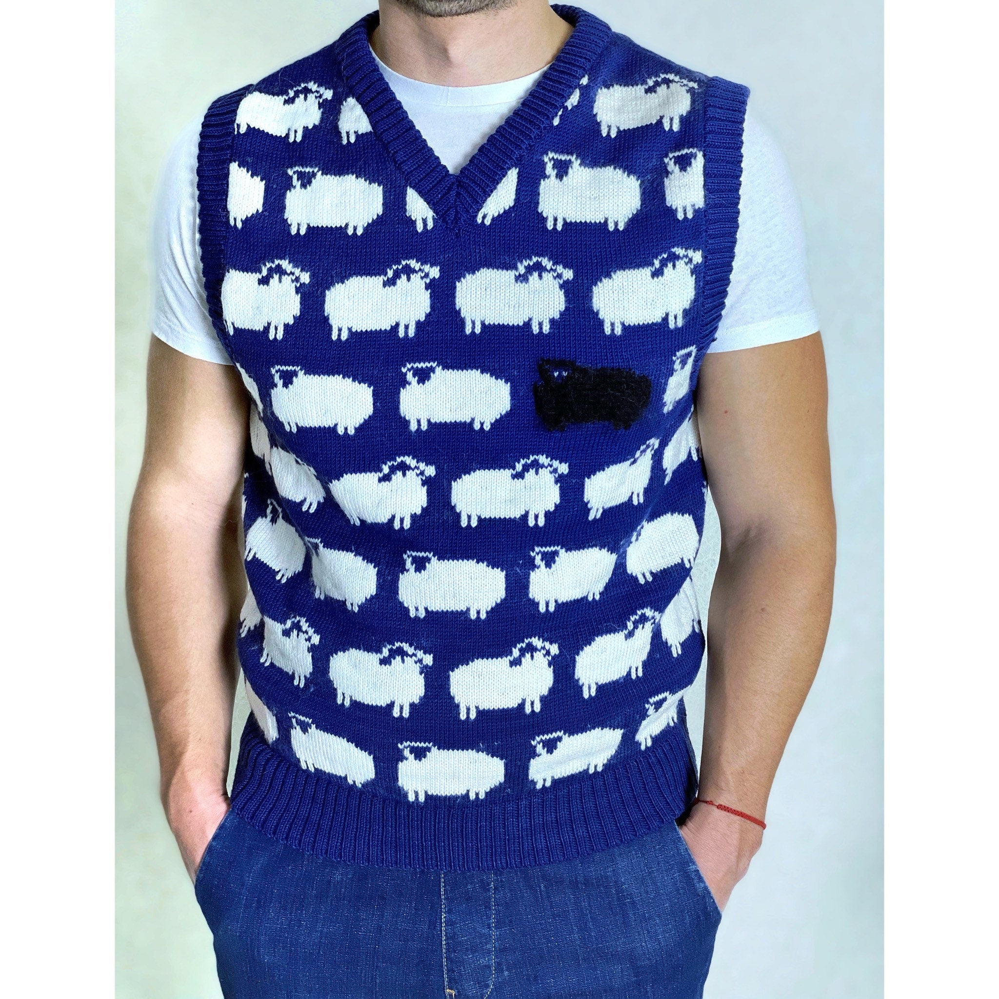 Blue knitted vest white black sheep for men Knit merino cable knit sweater vest white sheep Sleeveless jacket men’s wool Gift for him