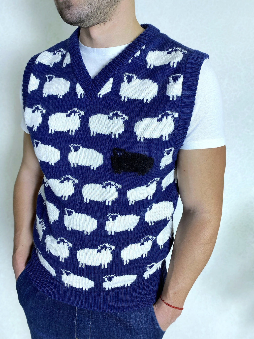 Blue knitted vest white black sheep for men Knit merino cable knit sweater vest white sheep Sleeveless jacket men’s wool Gift for him
