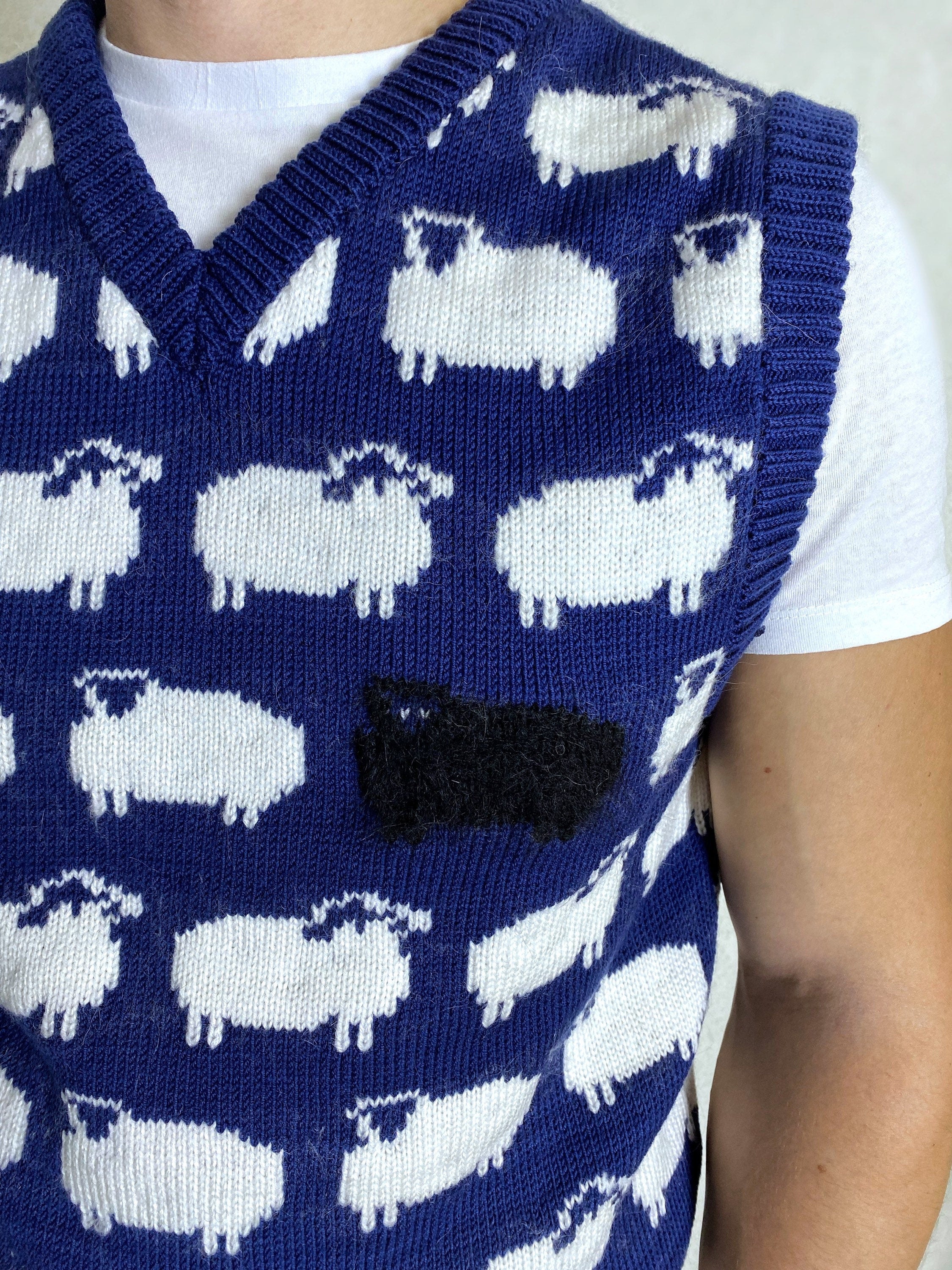 Blue knitted vest white black sheep for men Knit merino cable knit sweater vest white sheep Sleeveless jacket men’s wool Gift for him