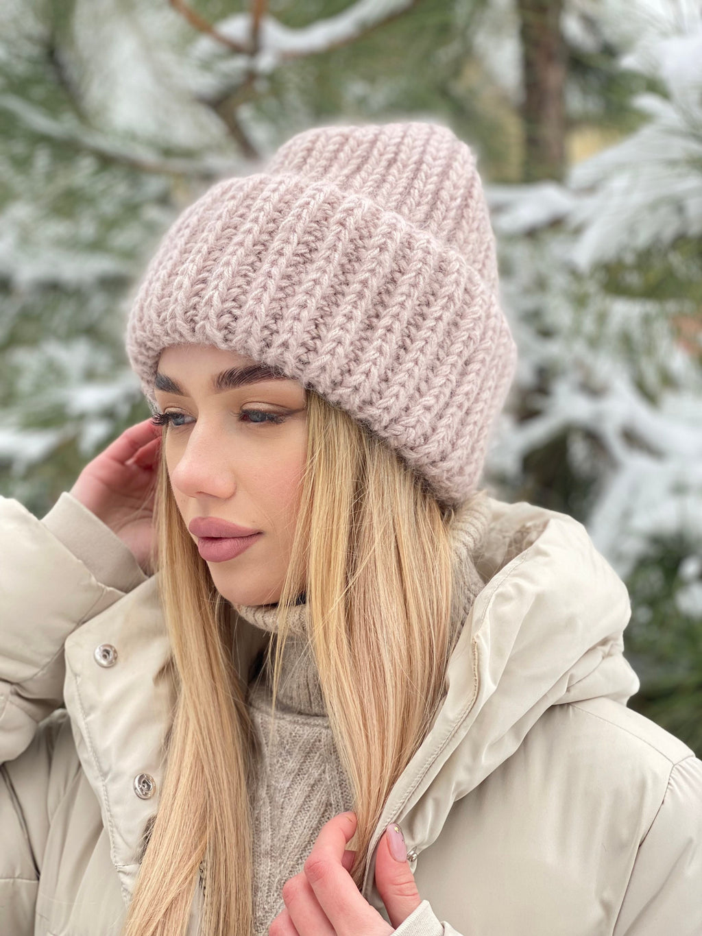 Beige wool mohair hat Bulky fluffy winter beanie Beige winter hat Big crown Gift for her Winter accessories