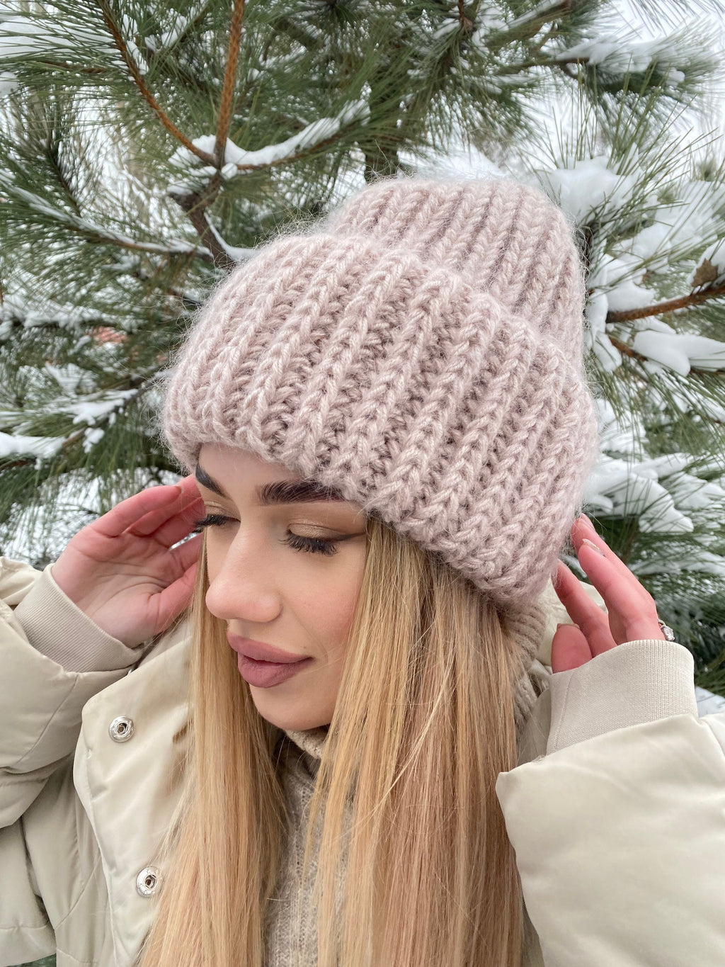 Beige wool mohair hat Bulky fluffy winter beanie Beige winter hat Big crown Gift for her Winter accessories