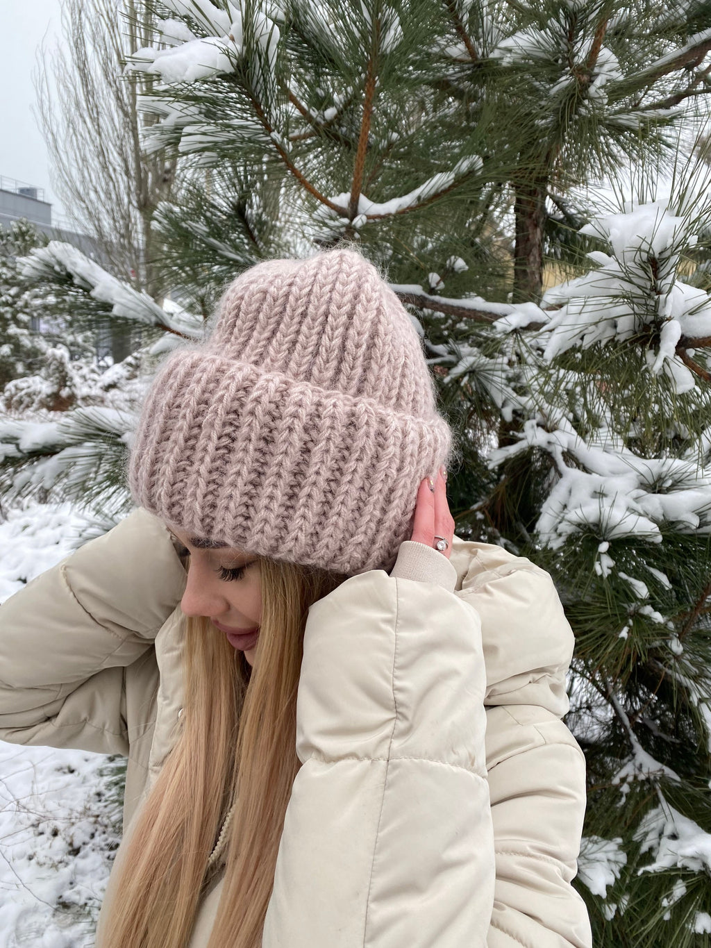 Beige wool mohair hat Bulky fluffy winter beanie Beige winter hat Big crown Gift for her Winter accessories
