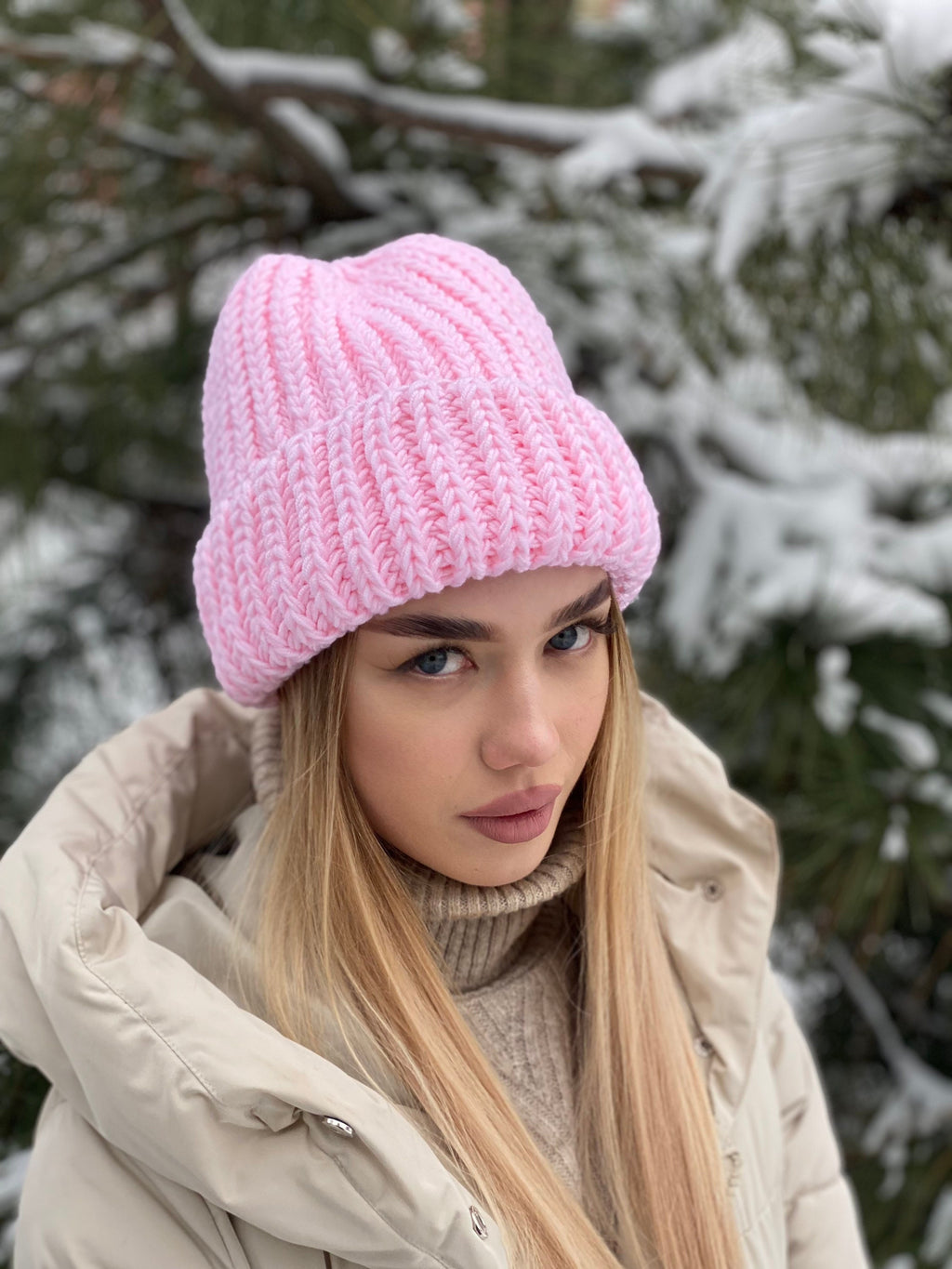 SOFT pink knitted winter hat women Polyacrylic beanie lapel winter hat Bulky hat chunky knit winter accessories Gift for her