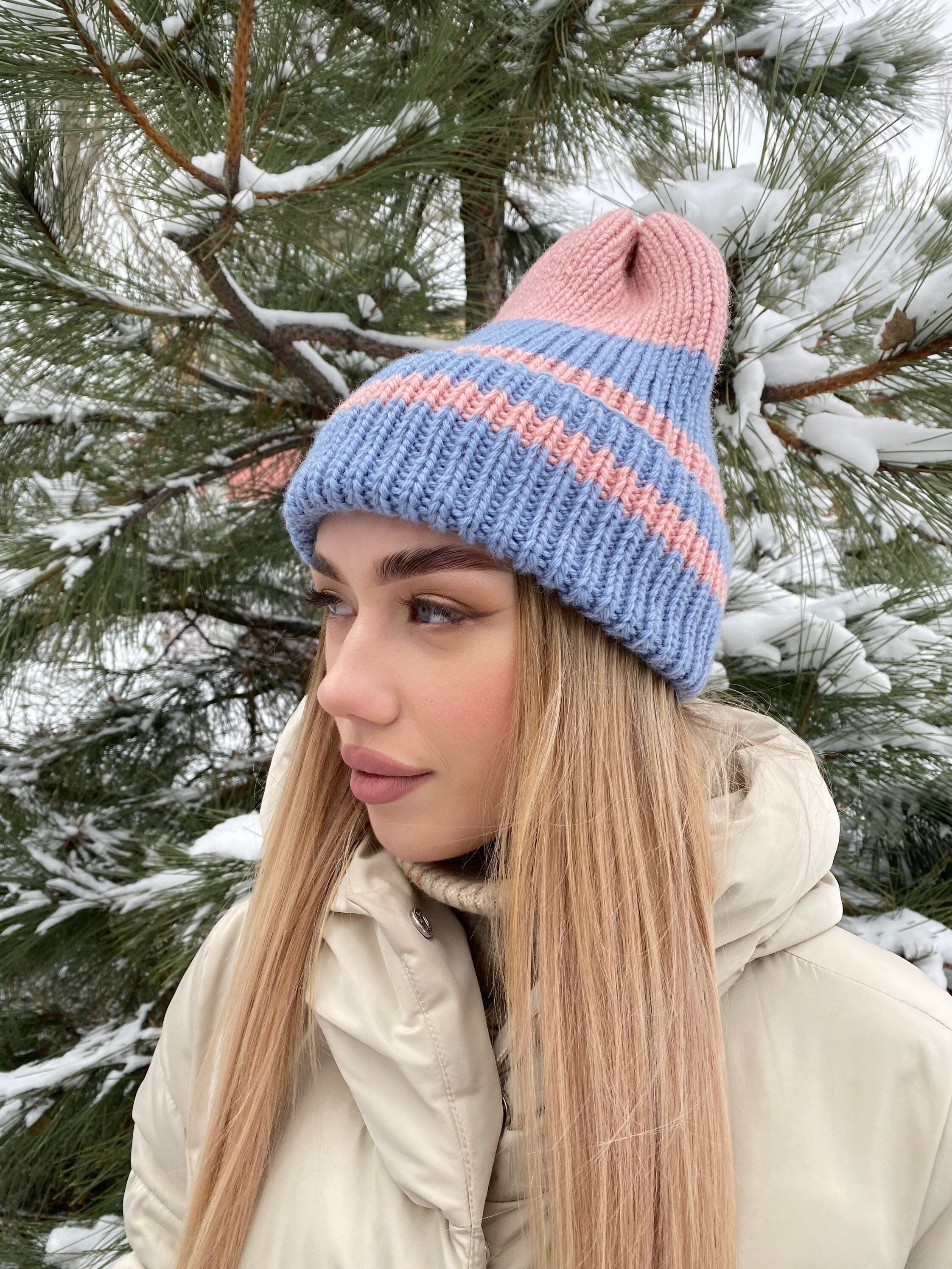 Hand knit beanie pink blue wool hat women Knitted winter hat strip high crown pink Knitted blue beanie woman Gift for her