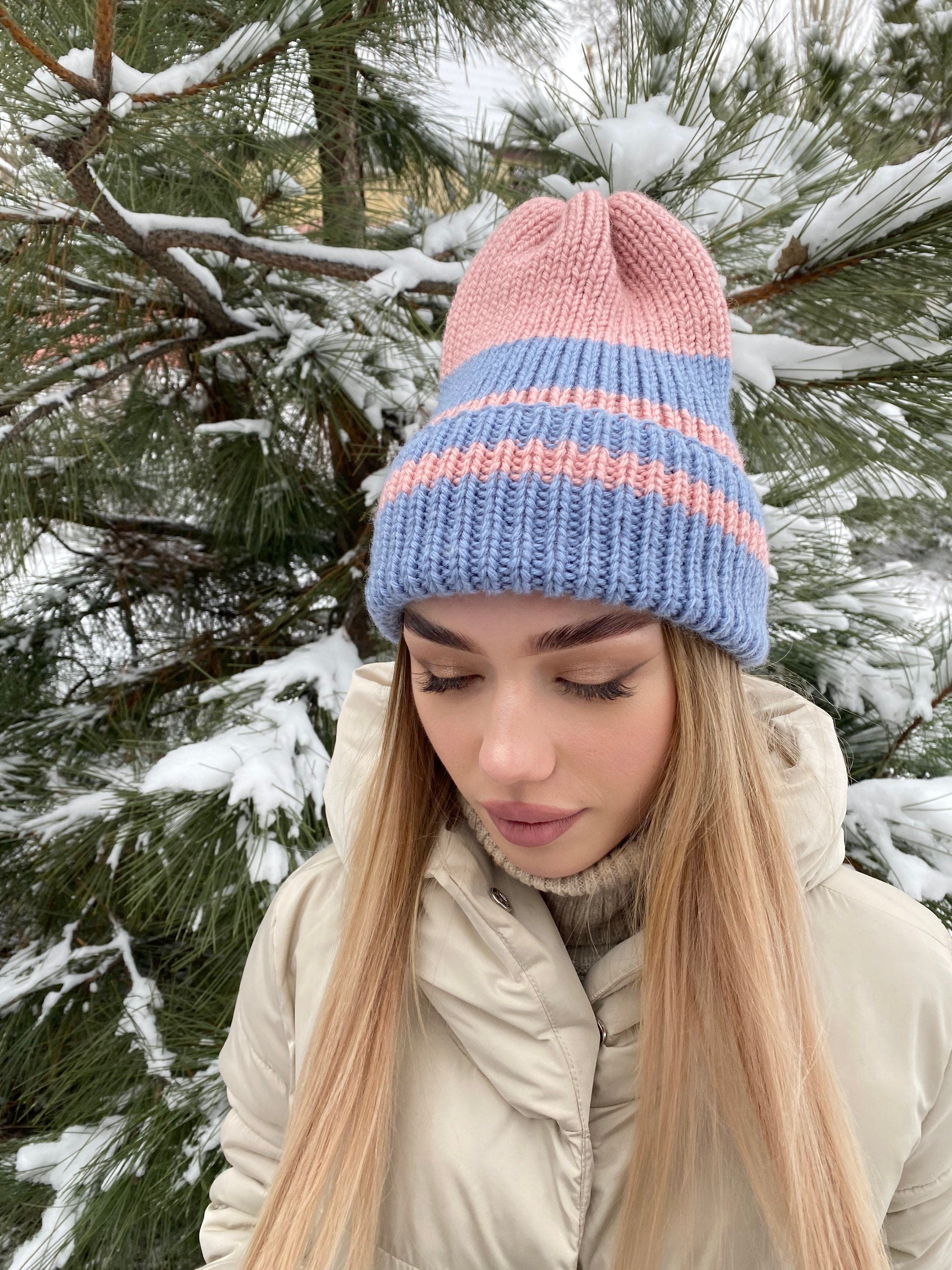 Hand knit beanie pink blue wool hat women Knitted winter hat strip high crown pink Knitted blue beanie woman Gift for her