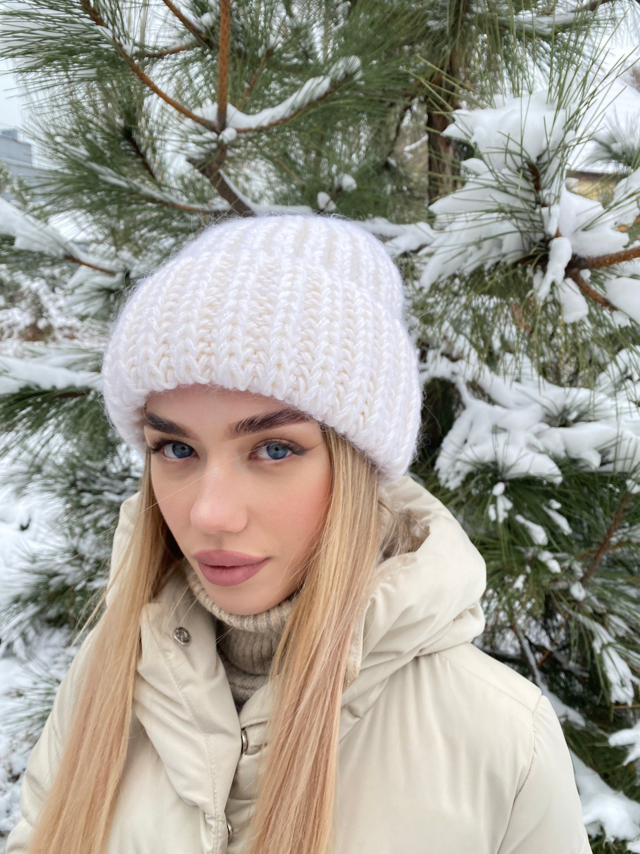 White mohair wool chunky knit hat women Hand knitted volume beanie hat Winter fluffy white hat Women's accessories lapel hat Gift for her