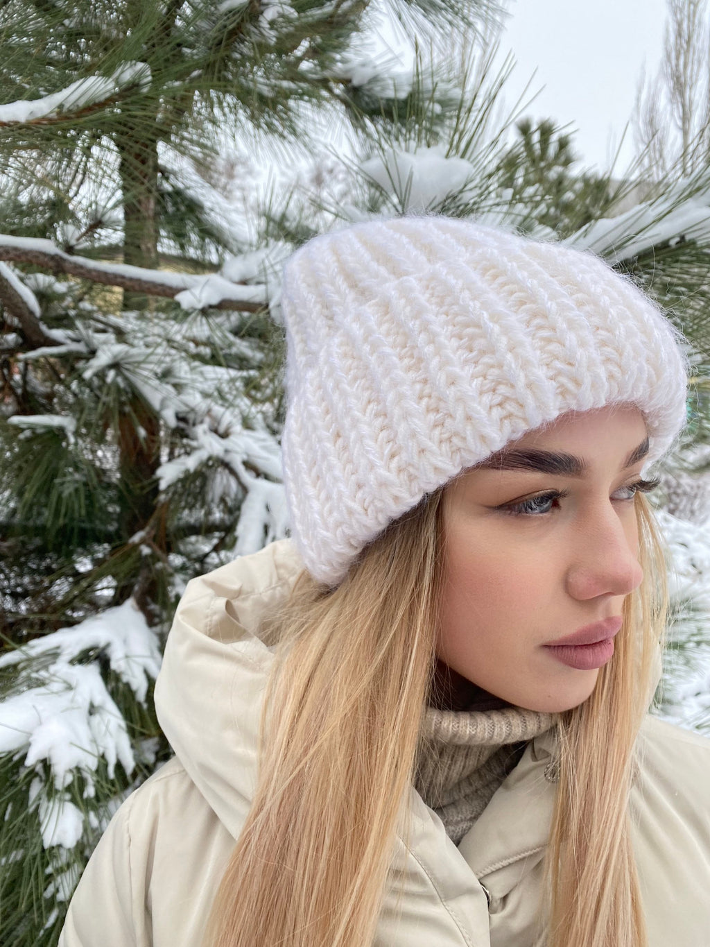 White mohair wool chunky knit hat women Hand knitted volume beanie hat Winter fluffy white hat Women's accessories lapel hat Gift for her