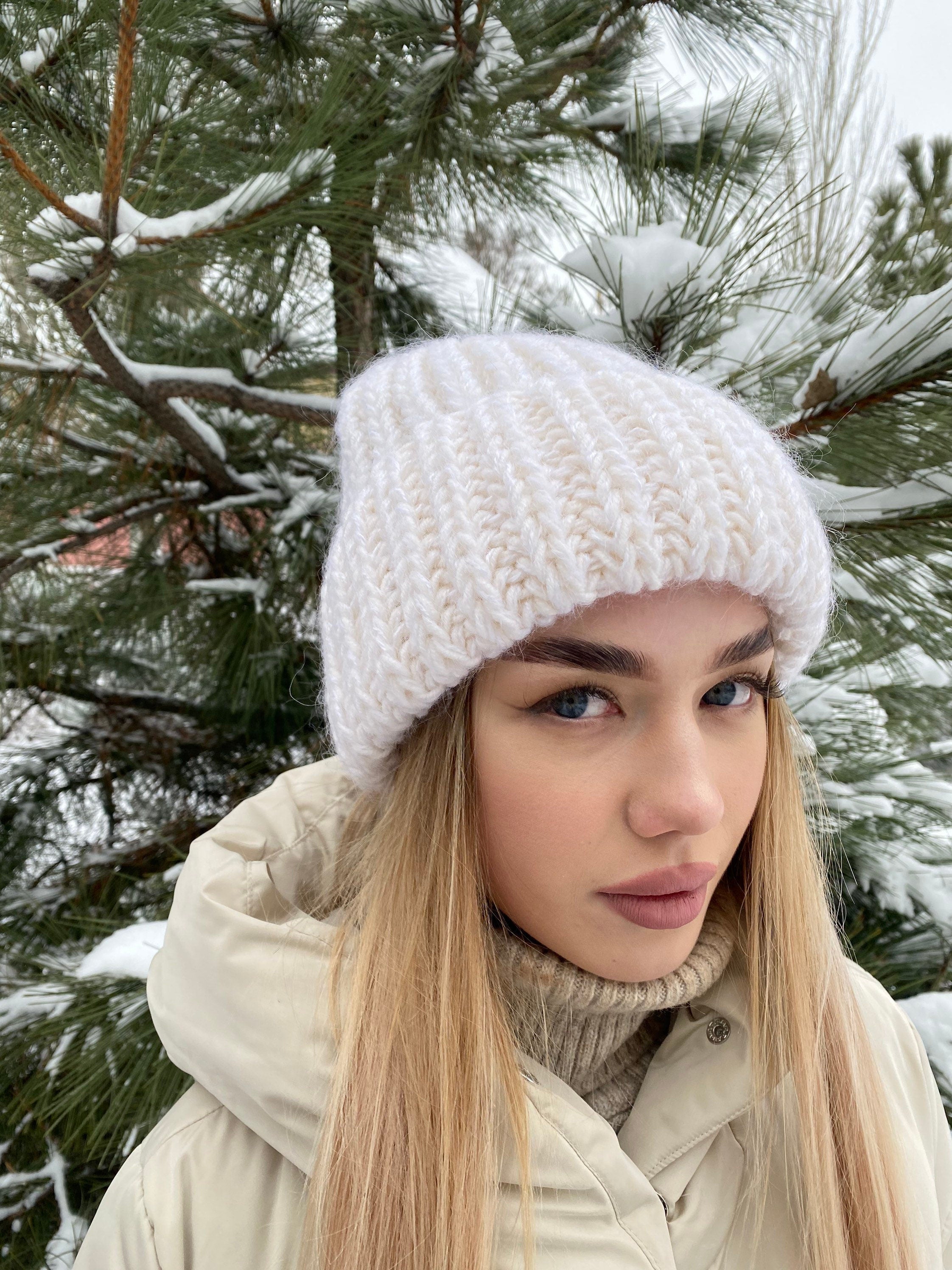 White mohair wool chunky knit hat women Hand knitted volume beanie hat Winter fluffy white hat Women's accessories lapel hat Gift for her