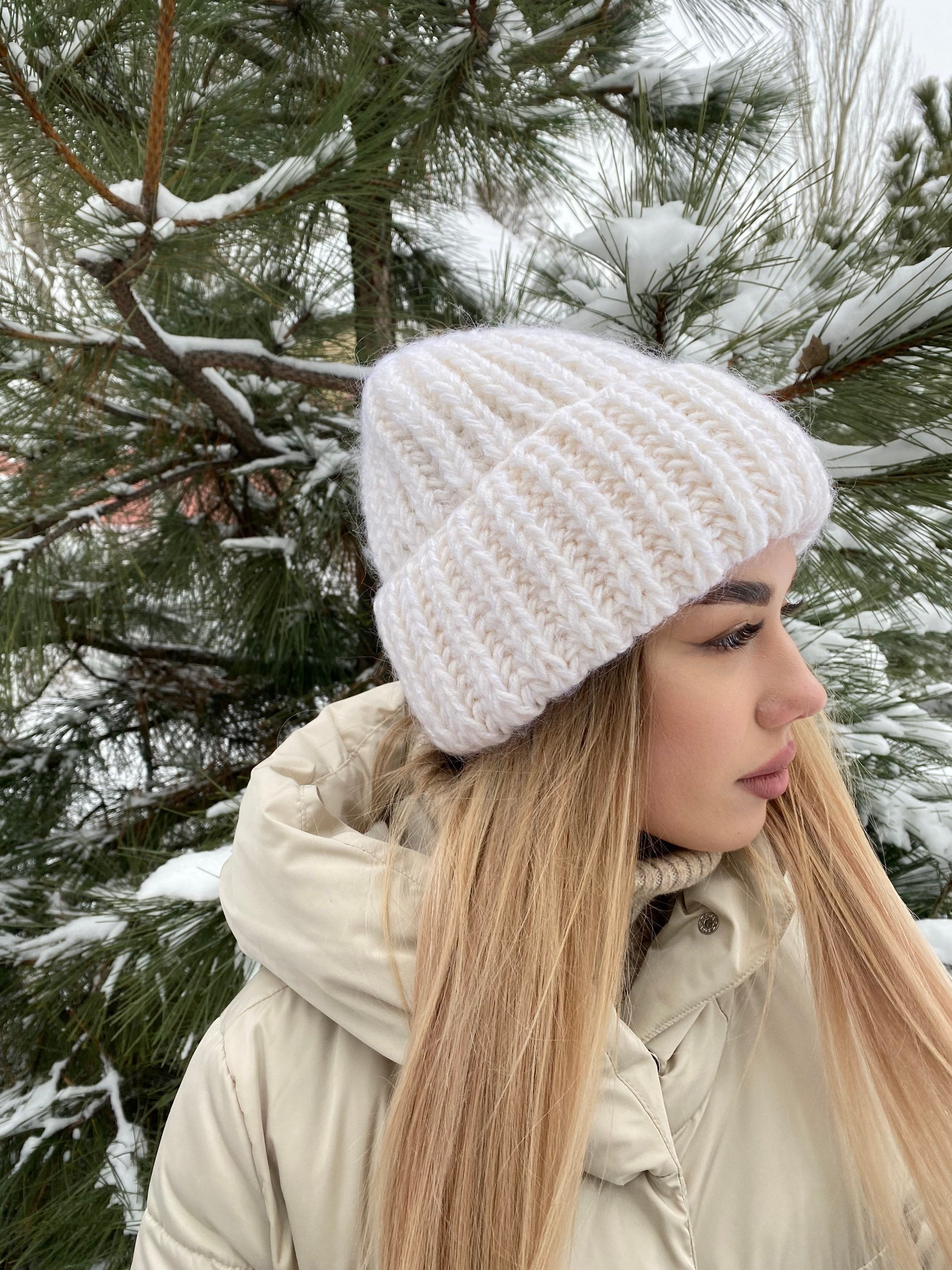 White Mohair wool chunky knit hat women Hand knitted volume beanie hat Winter fluffy white hat Women's accessories lapel hat Gift for her