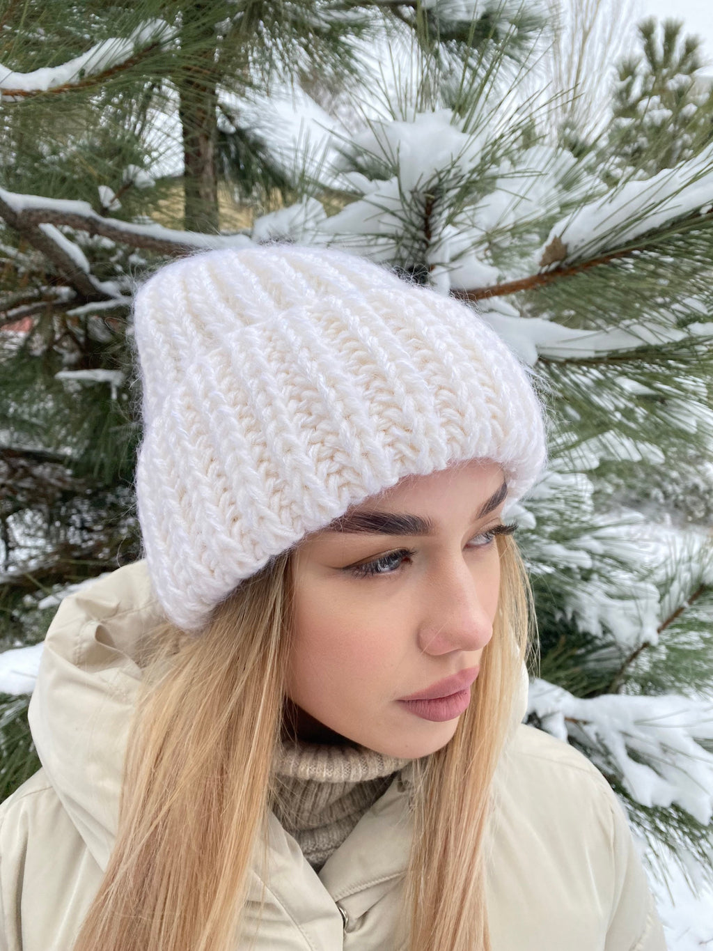 White mohair wool chunky knit hat women Hand knitted volume beanie hat Winter fluffy white hat Women's accessories lapel hat Gift for her