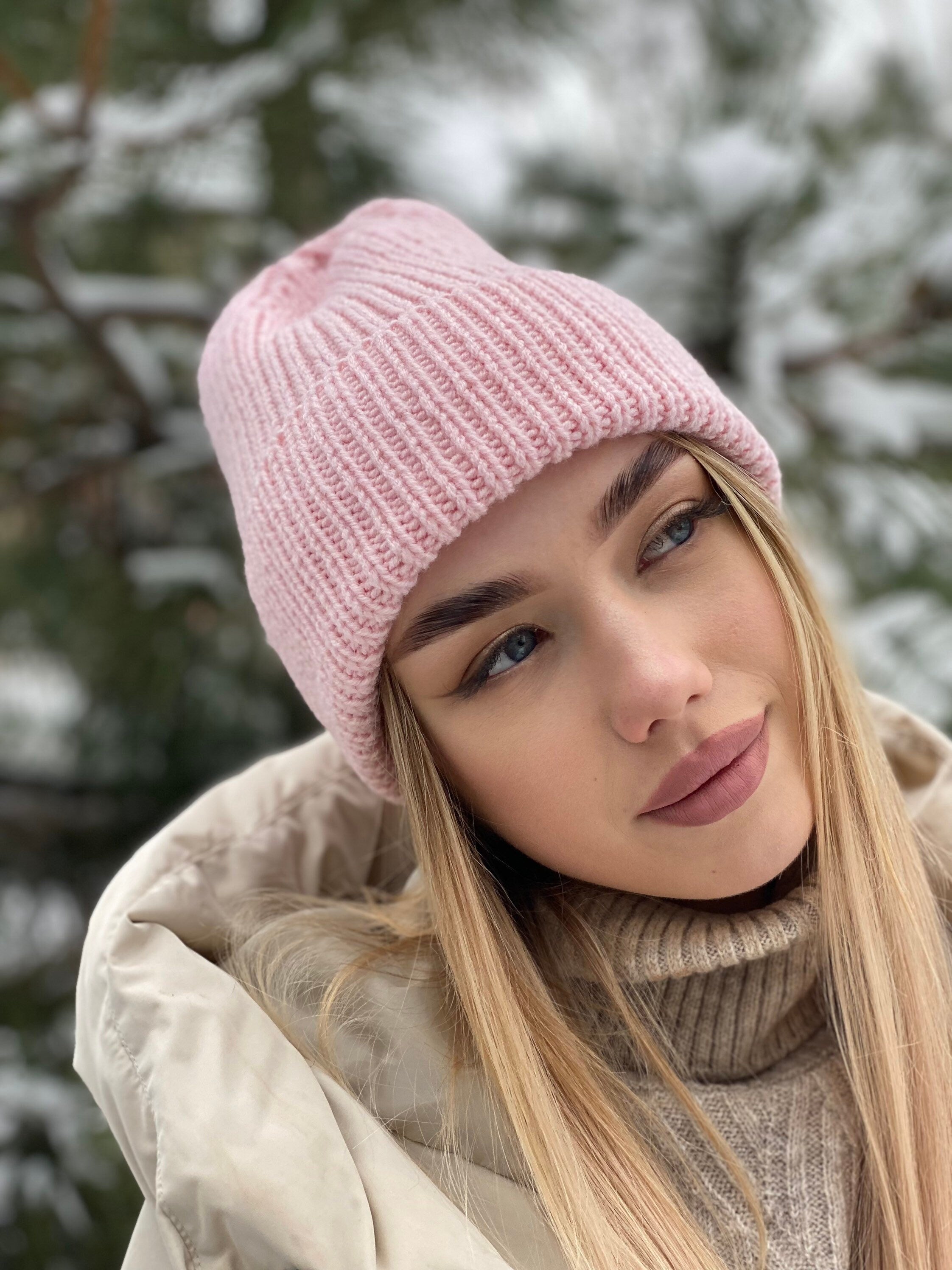 Pink Knitted Beanie Hat Women Pastel Wool Hat Winter Beanie Hat Winter headdress large knit cap with lapel high top Gift for friend