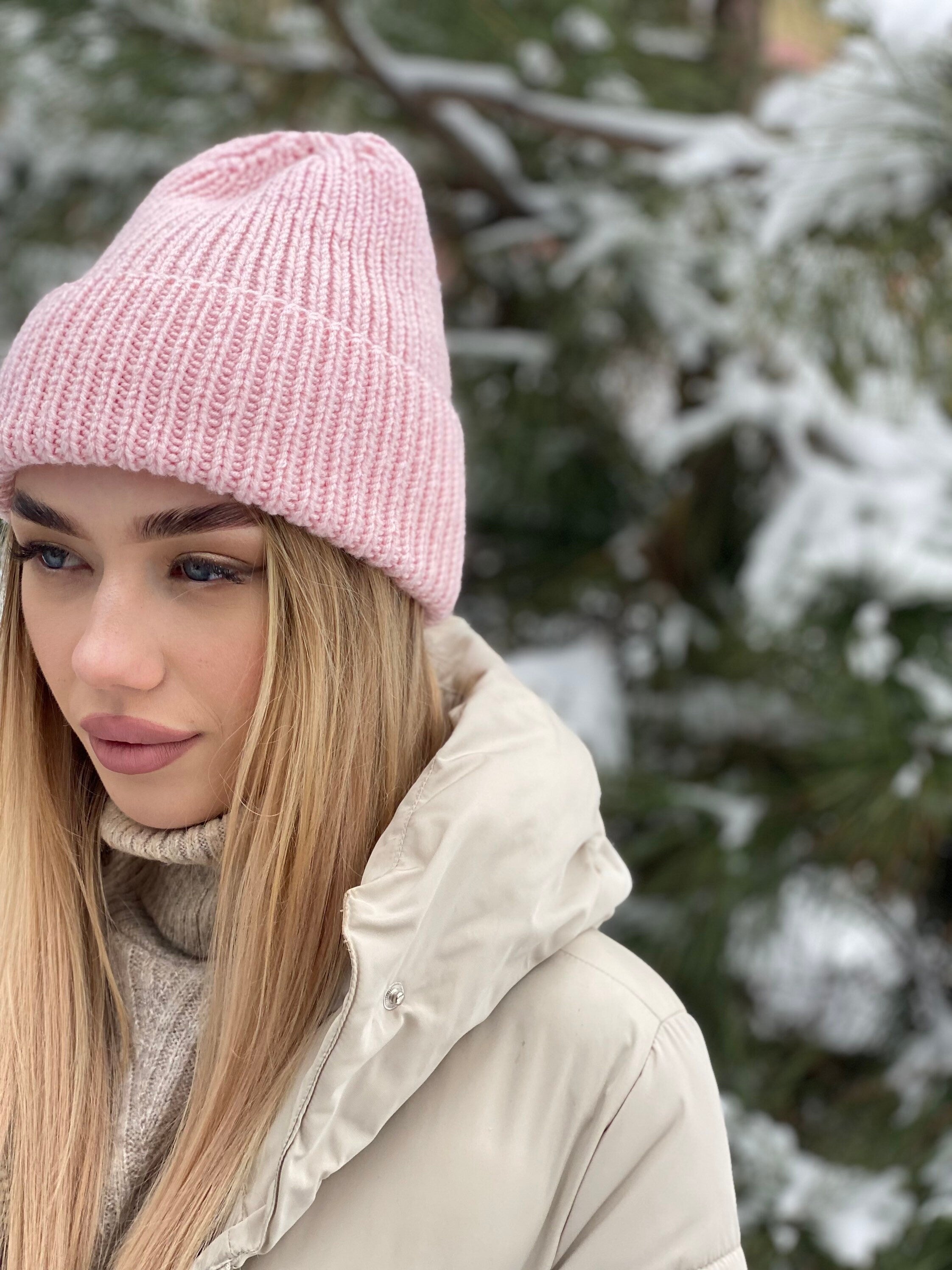 Pink Knitted Beanie Hat Women Pastel Wool Hat Winter Beanie Hat Winter headdress large knit cap with lapel high top Gift for friend