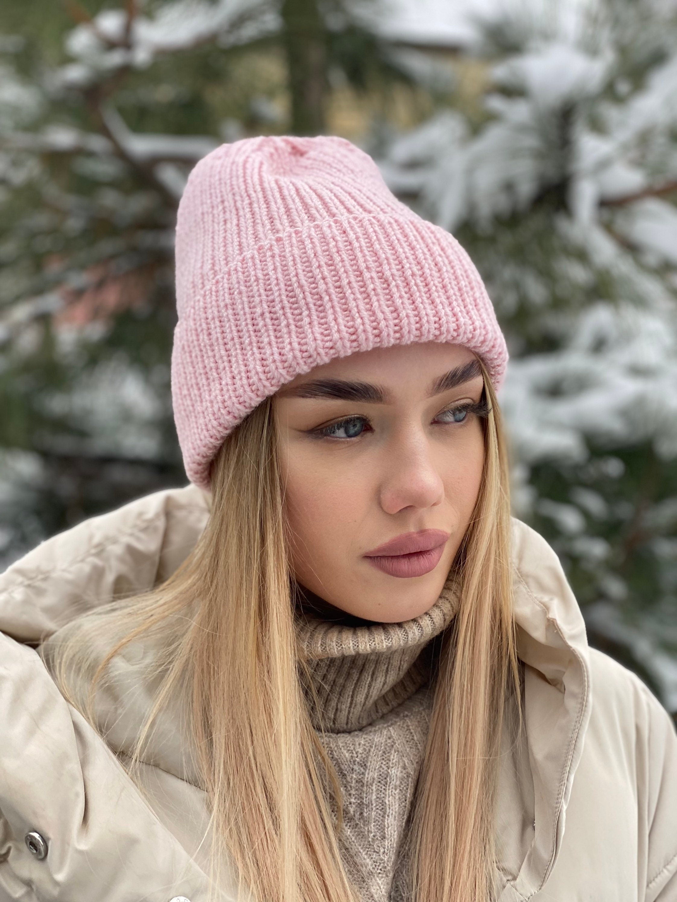 Pink Knitted Beanie Hat Women Pastel Wool Hat Winter Beanie Hat Winter headdress large knit cap with lapel high top Gift for friend
