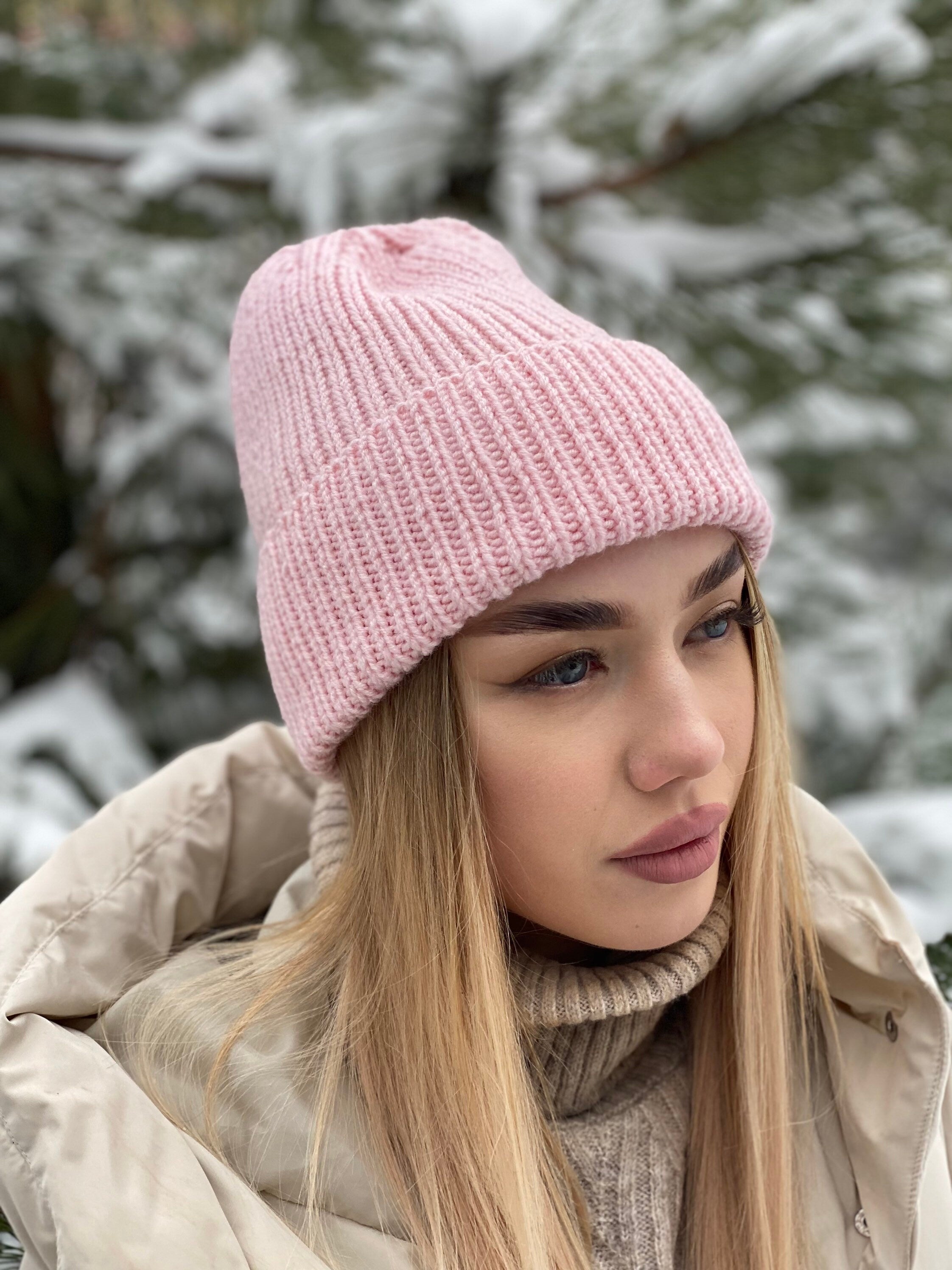 Pink Knitted Beanie Hat Women Pastel Wool Hat Winter Beanie Hat Winter headdress large knit cap with lapel high top Gift for friend