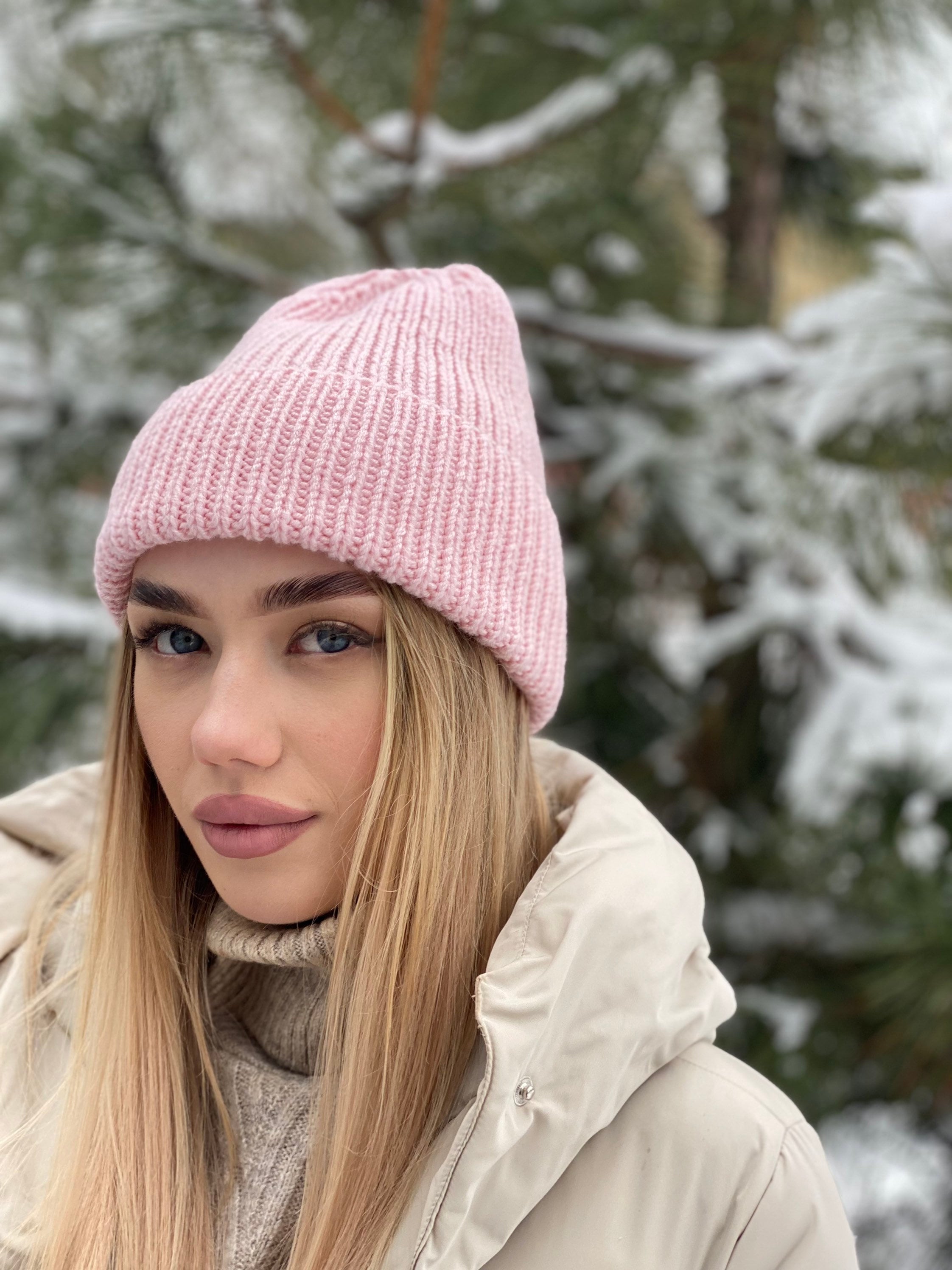 Pink Knitted Beanie Hat Women Pastel Wool Hat Winter Beanie Hat Winter headdress large knit cap with lapel high top Gift for friend