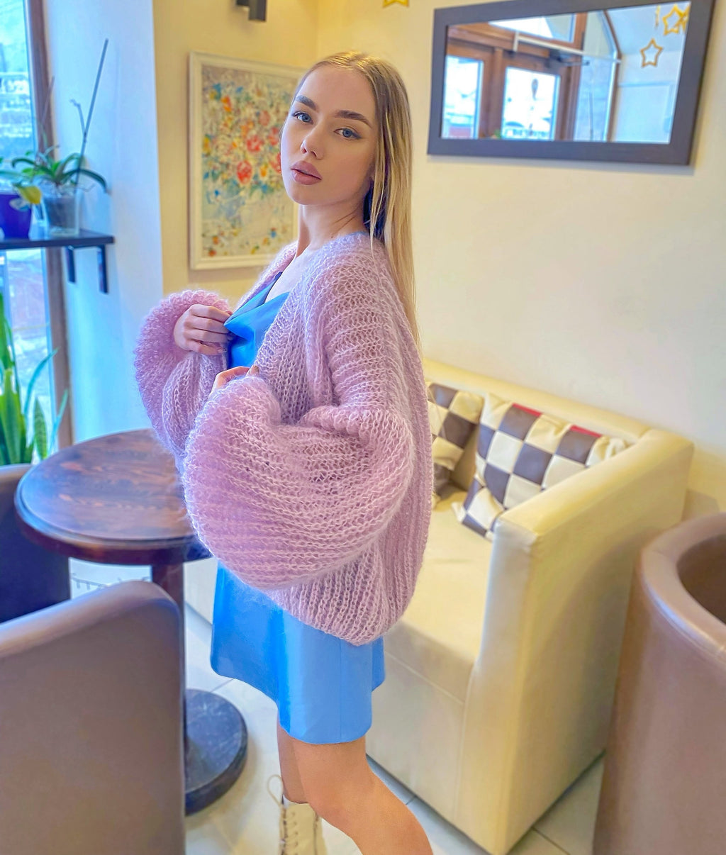 Wedding bolero Mohair cardigan Wedding Cardigan Wool fluffy cape Bridal jackets hawl Knitted jacket Lilac mohair cable knit sweater