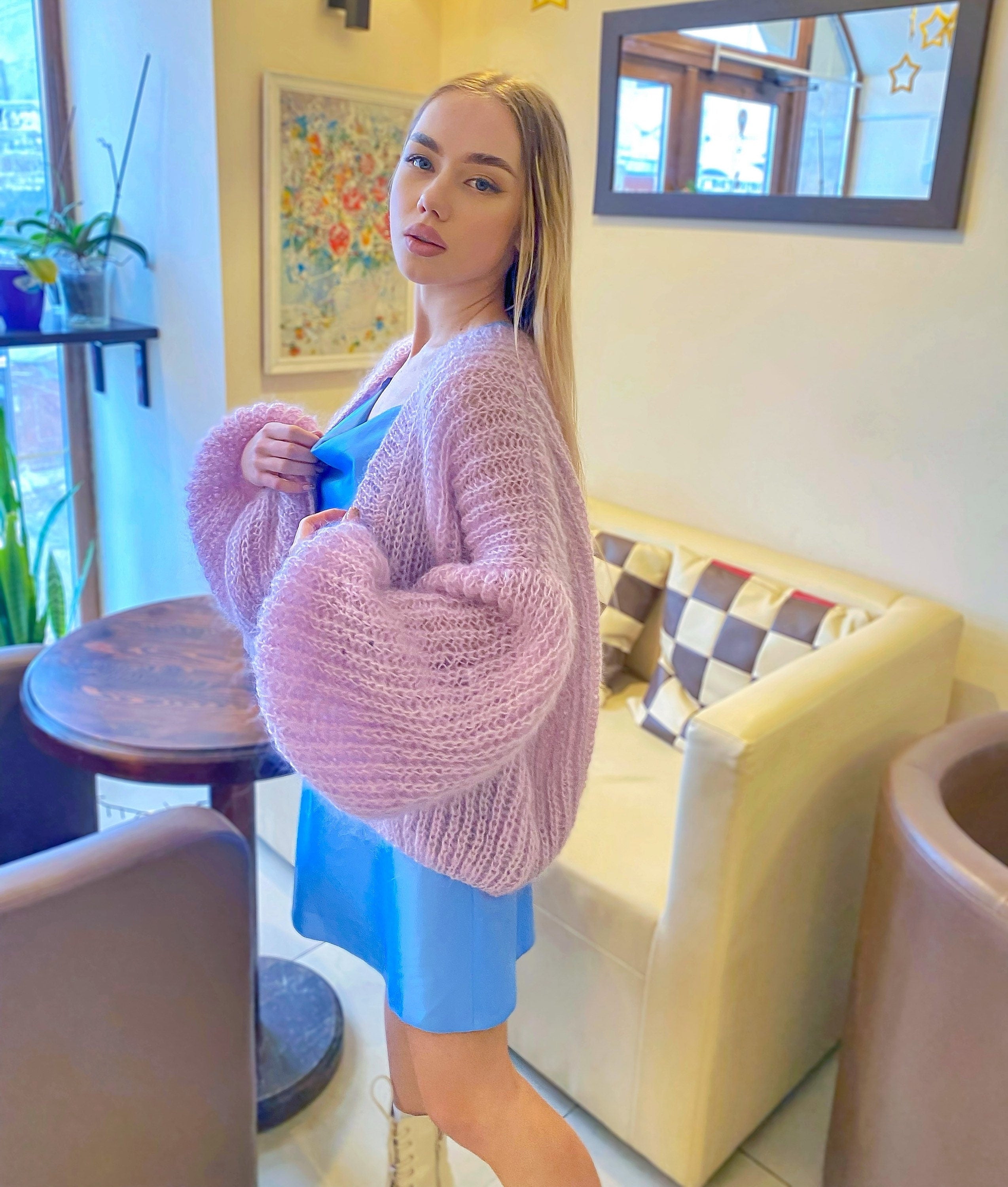 Wedding bolero Mohair cardigan Wedding Cardigan Wool fluffy cape Bridal jackets hawl Knitted jacket Lilac mohair cable knit sweater