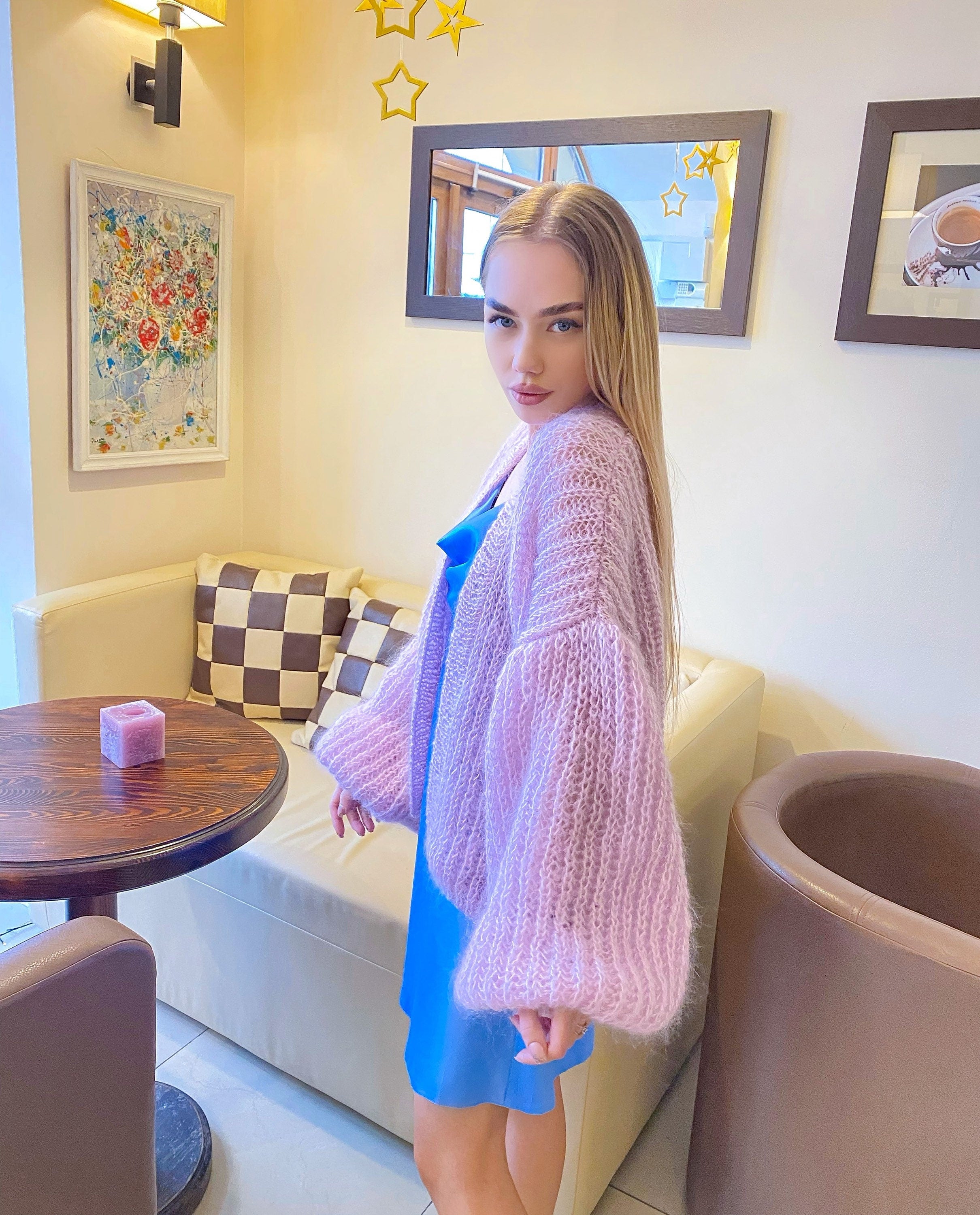 Wedding bolero Mohair cardigan Wedding Cardigan Wool fluffy cape Bridal jackets hawl Knitted jacket Lilac mohair cable knit sweater